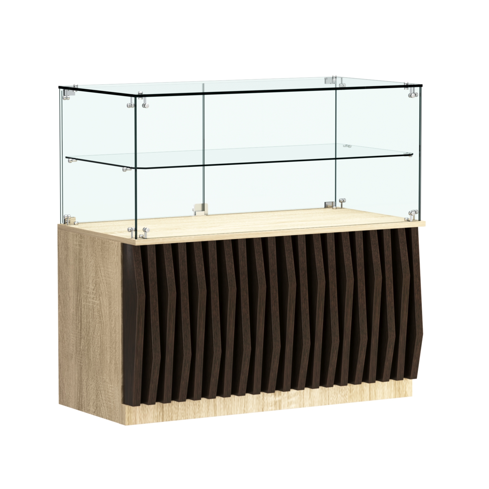 Торговый прилавок прямоугольный с планками и стеклянной полкой серии ОРНАМЕНТ №31 Дуб Сонома + Дуб Венге
