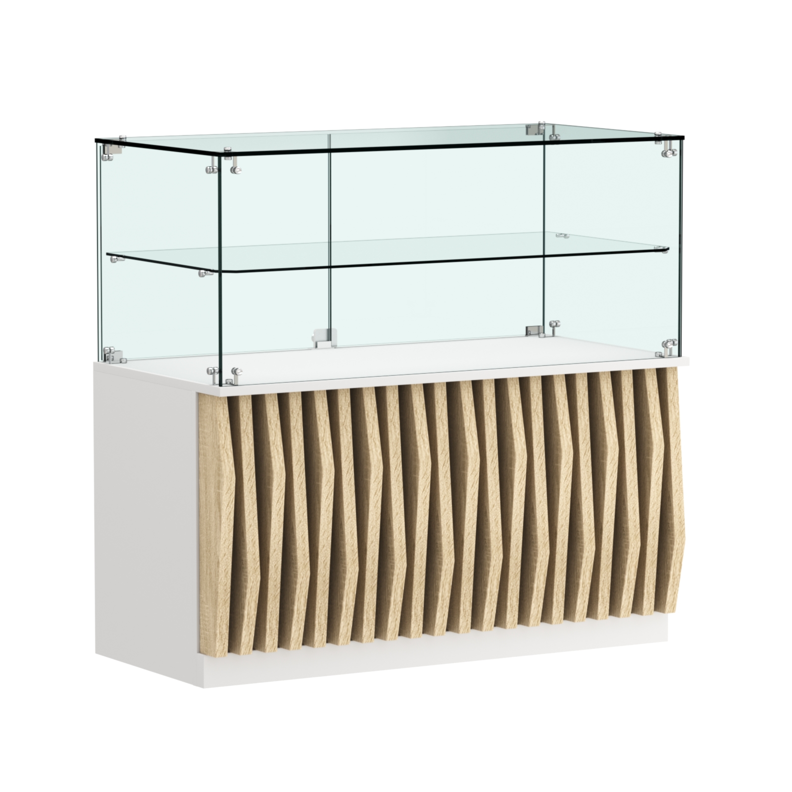 Торговый прилавок прямоугольный с планками и стеклянной полкой серии ОРНАМЕНТ №31 Белый + Дуб Сонома