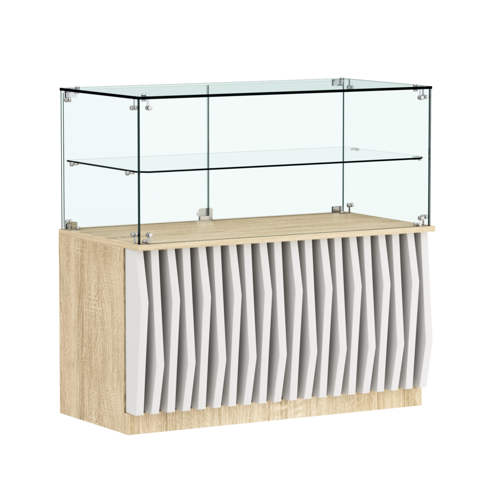 Торговый прилавок прямоугольный с планками и стеклянной полкой серии ОРНАМЕНТ №31 Дуб Сонома + Белый