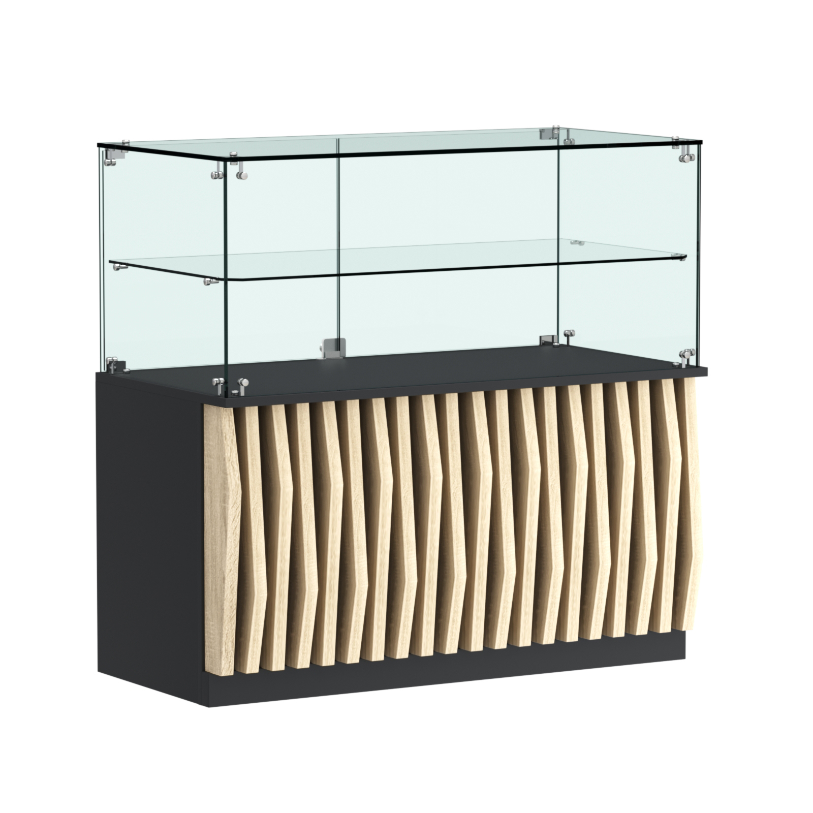 Торговый прилавок прямоугольный с планками и стеклянной полкой серии ОРНАМЕНТ №31 Черный + Дуб Сонома
