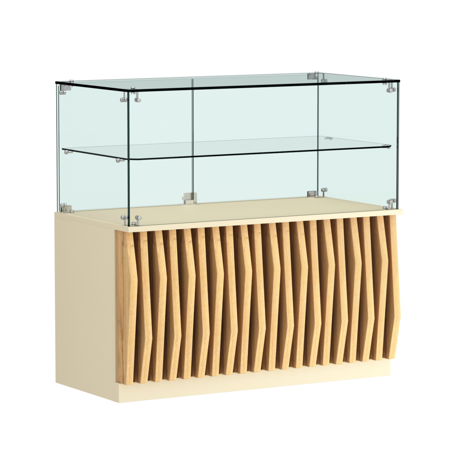 Торговый прилавок прямоугольный с планками и стеклянной полкой серии ОРНАМЕНТ №31 Крем Вайс и Дуб Золотистый