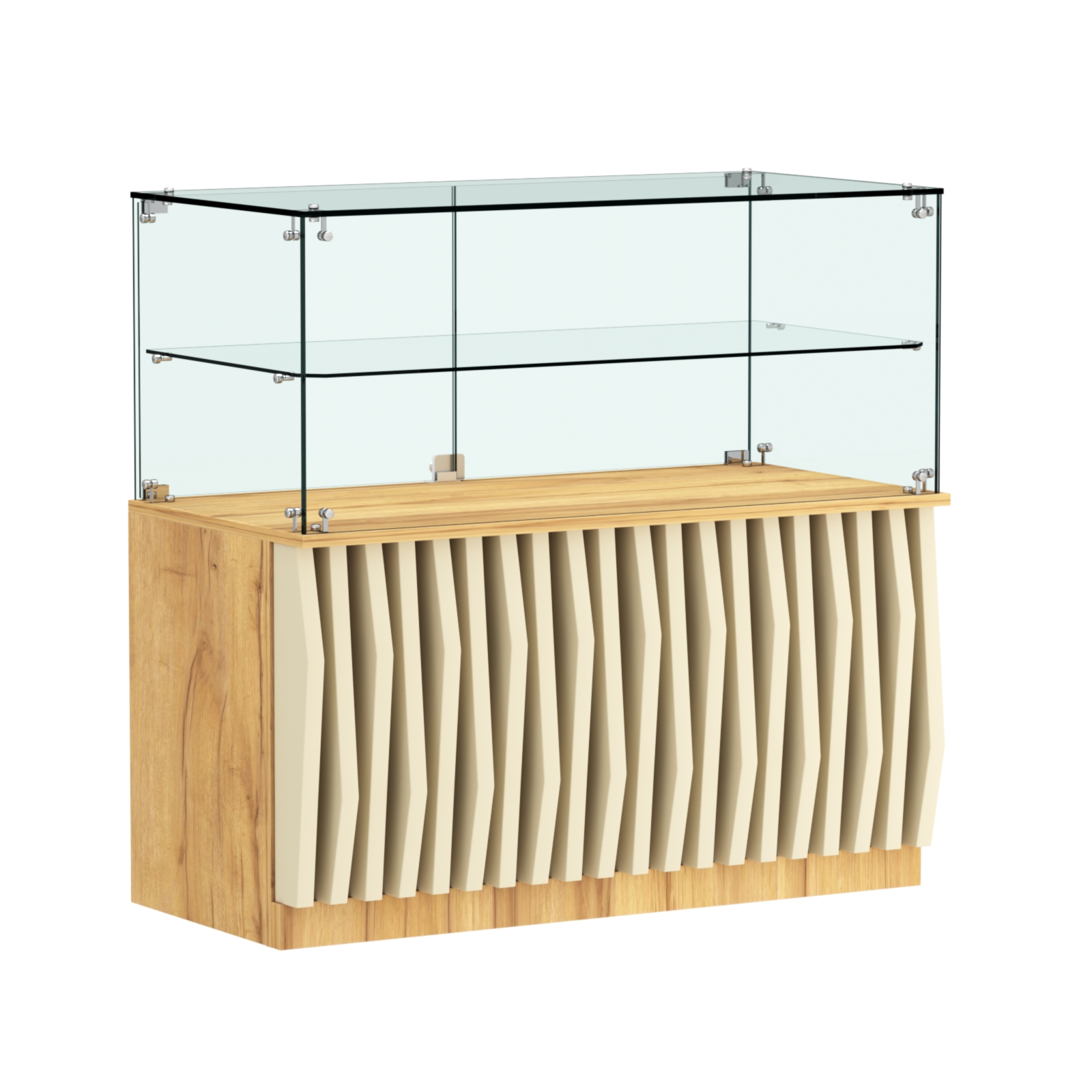 Торговый прилавок прямоугольный с планками и стеклянной полкой серии ОРНАМЕНТ №31 Дуб Золотистый и Крем Вайс