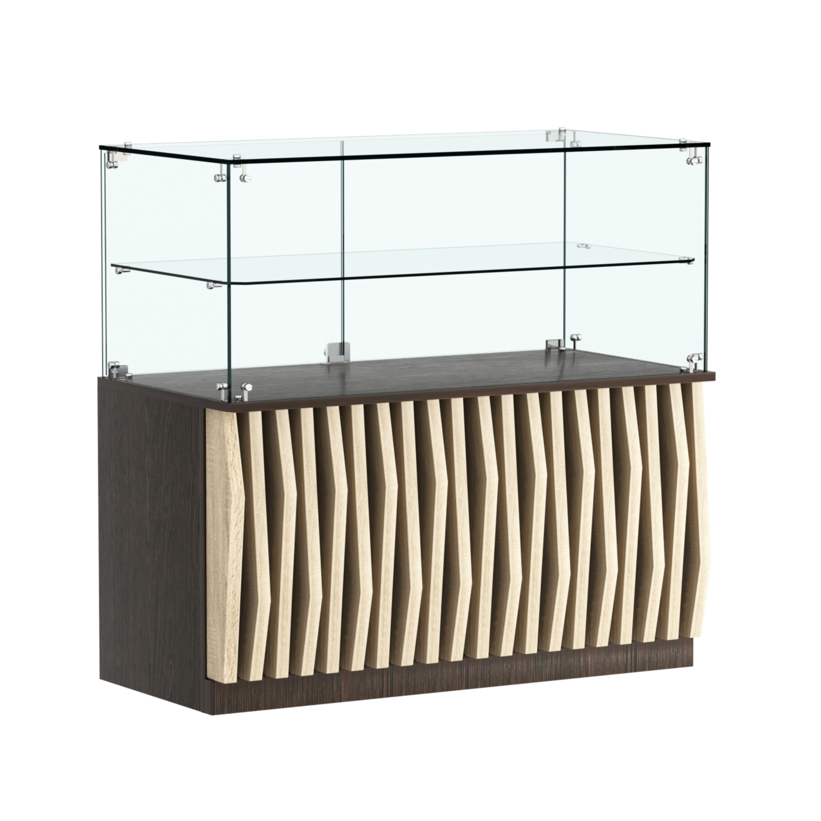 Торговый прилавок прямоугольный с планками и стеклянной полкой серии ОРНАМЕНТ №31 Дуб Венге + Дуб Сонома