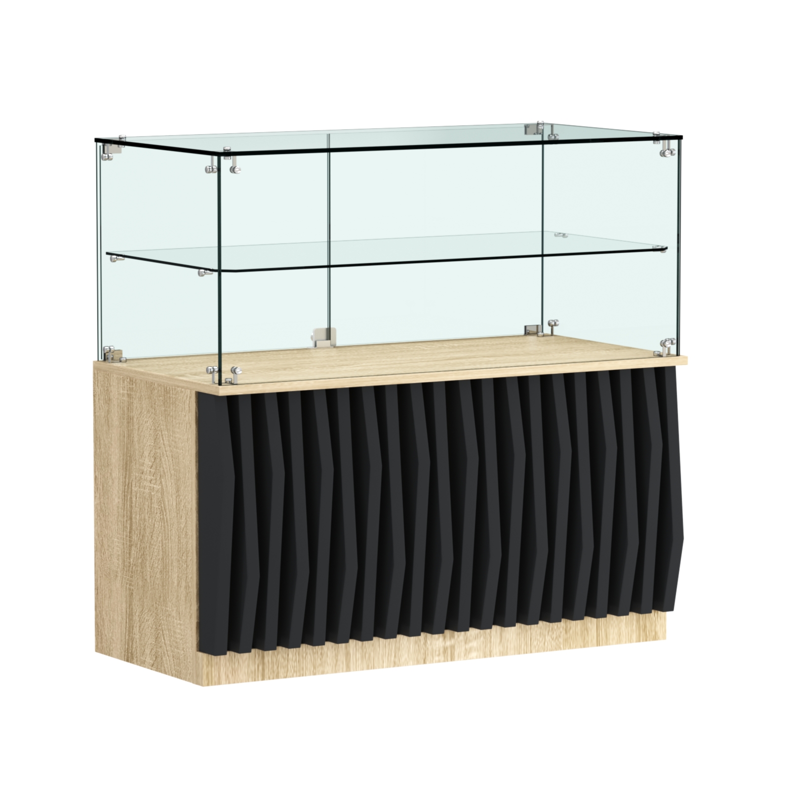 Торговый прилавок прямоугольный с планками и стеклянной полкой серии ОРНАМЕНТ №31 Дуб сонома, Черный