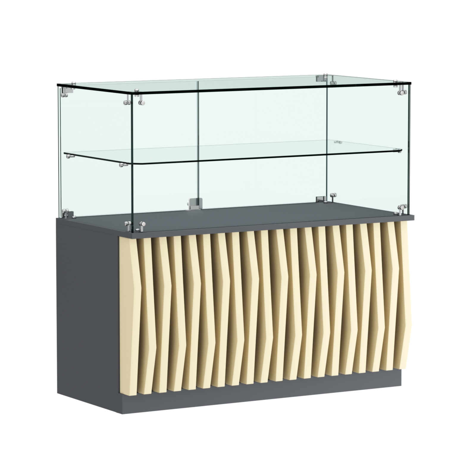 Торговый прилавок прямоугольный с планками и стеклянной полкой серии ОРНАМЕНТ №31 Темно-серый + Крем Вайс