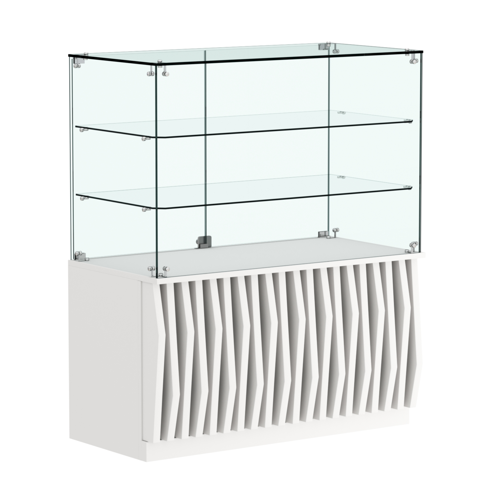 Торговый прилавок прямоугольный с планками и двумя стеклянными полками серии ОРНАМЕНТ №32 Белый