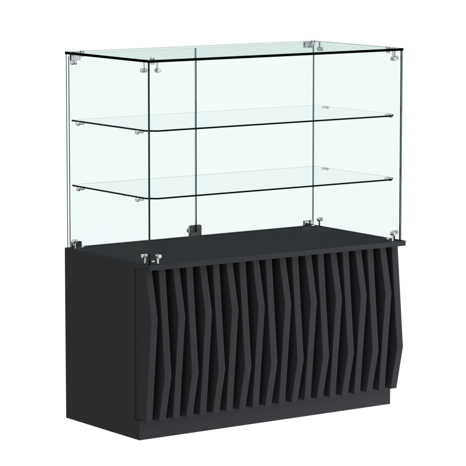 Торговый прилавок прямоугольный с планками и двумя стеклянными полками серии ОРНАМЕНТ №32 Черный