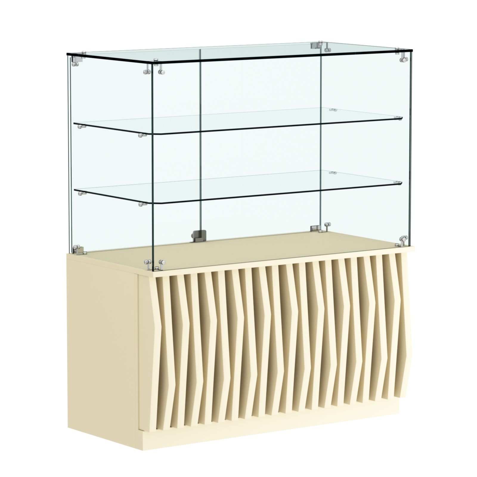 Торговый прилавок прямоугольный с планками и двумя стеклянными полками серии ОРНАМЕНТ №32 Крем Вайс