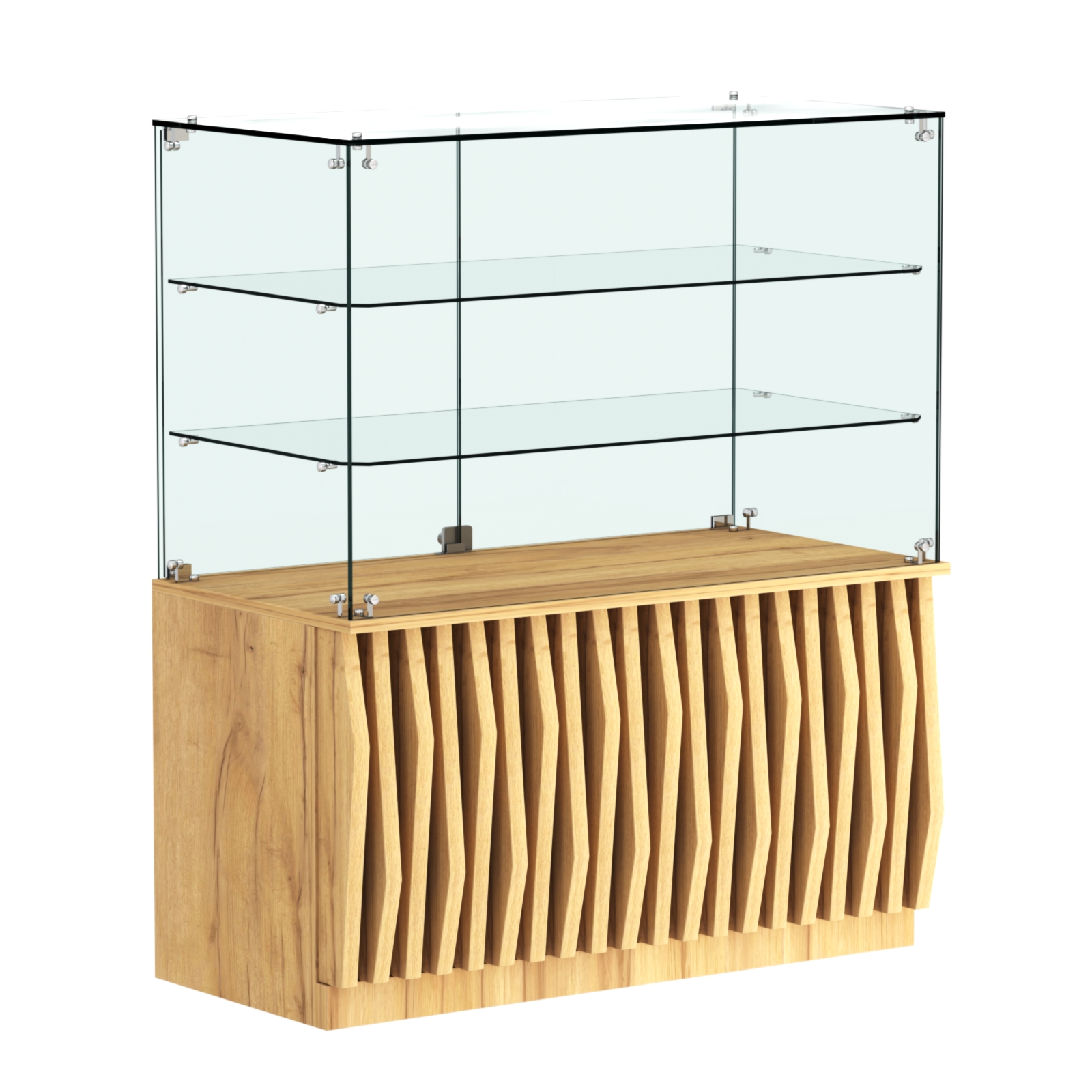 Торговый прилавок прямоугольный с планками и двумя стеклянными полками серии ОРНАМЕНТ №32 Дуб Золотистый