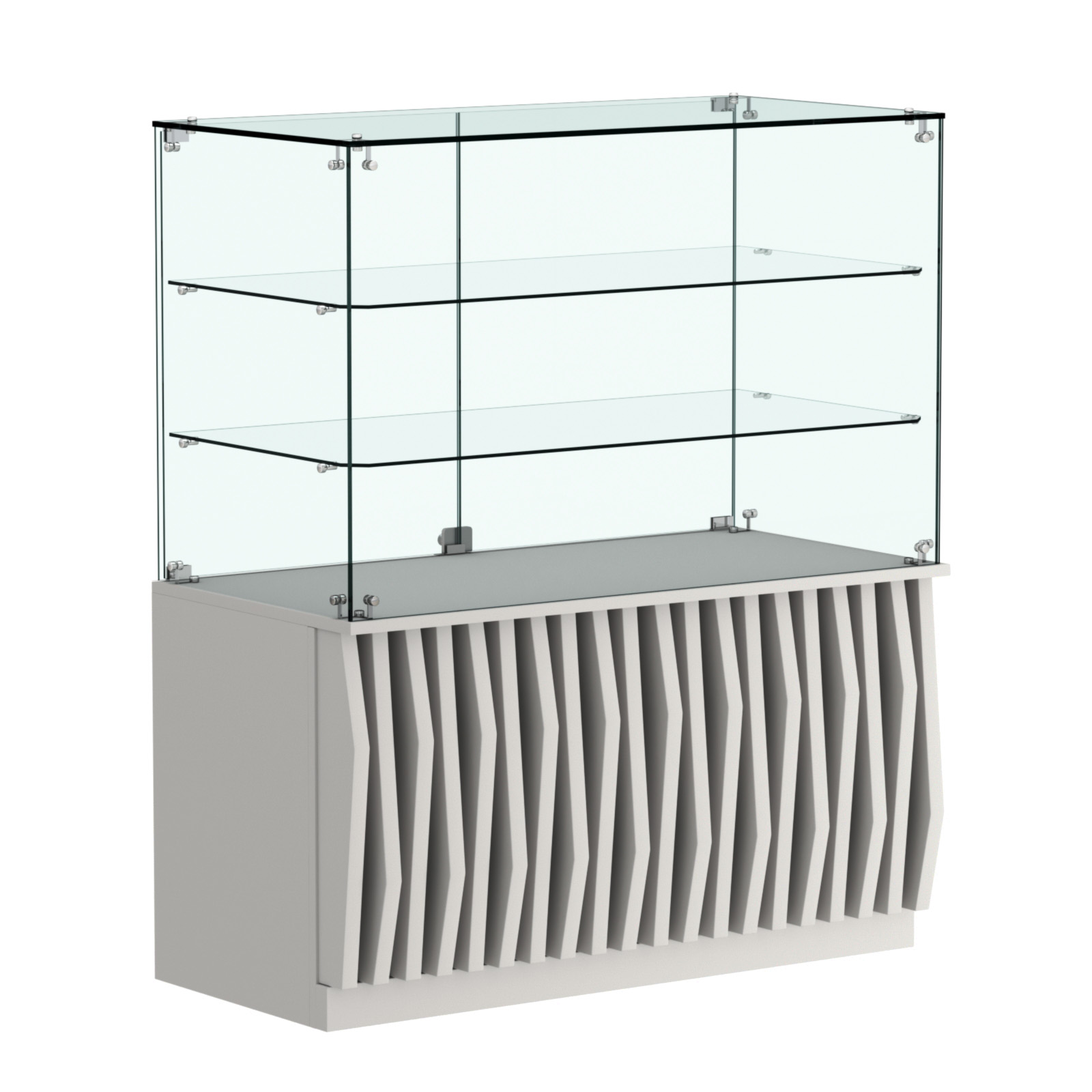 Торговый прилавок прямоугольный с планками и двумя стеклянными полками серии ОРНАМЕНТ №32 Серый