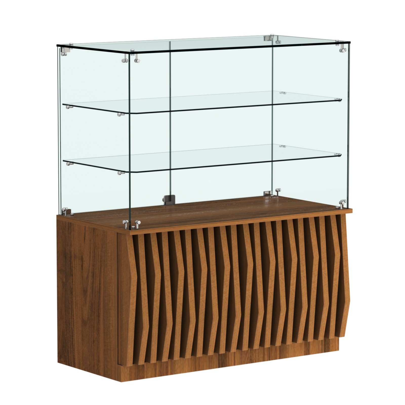 Торговый прилавок прямоугольный с планками и двумя стеклянными полками серии ОРНАМЕНТ №32 Орех