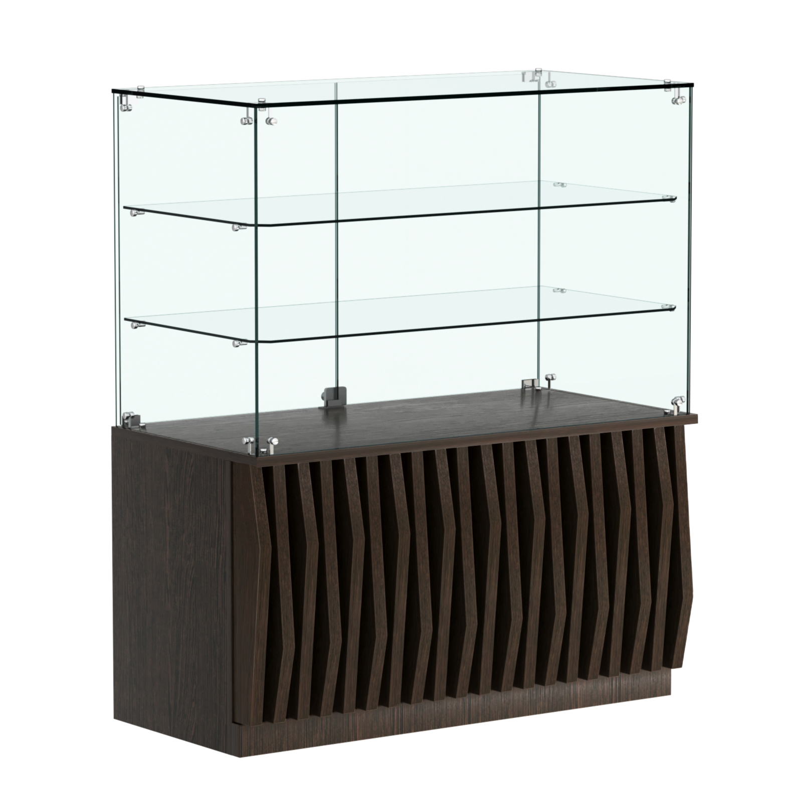 Торговый прилавок прямоугольный с планками и двумя стеклянными полками серии ОРНАМЕНТ №32 Дуб Венге