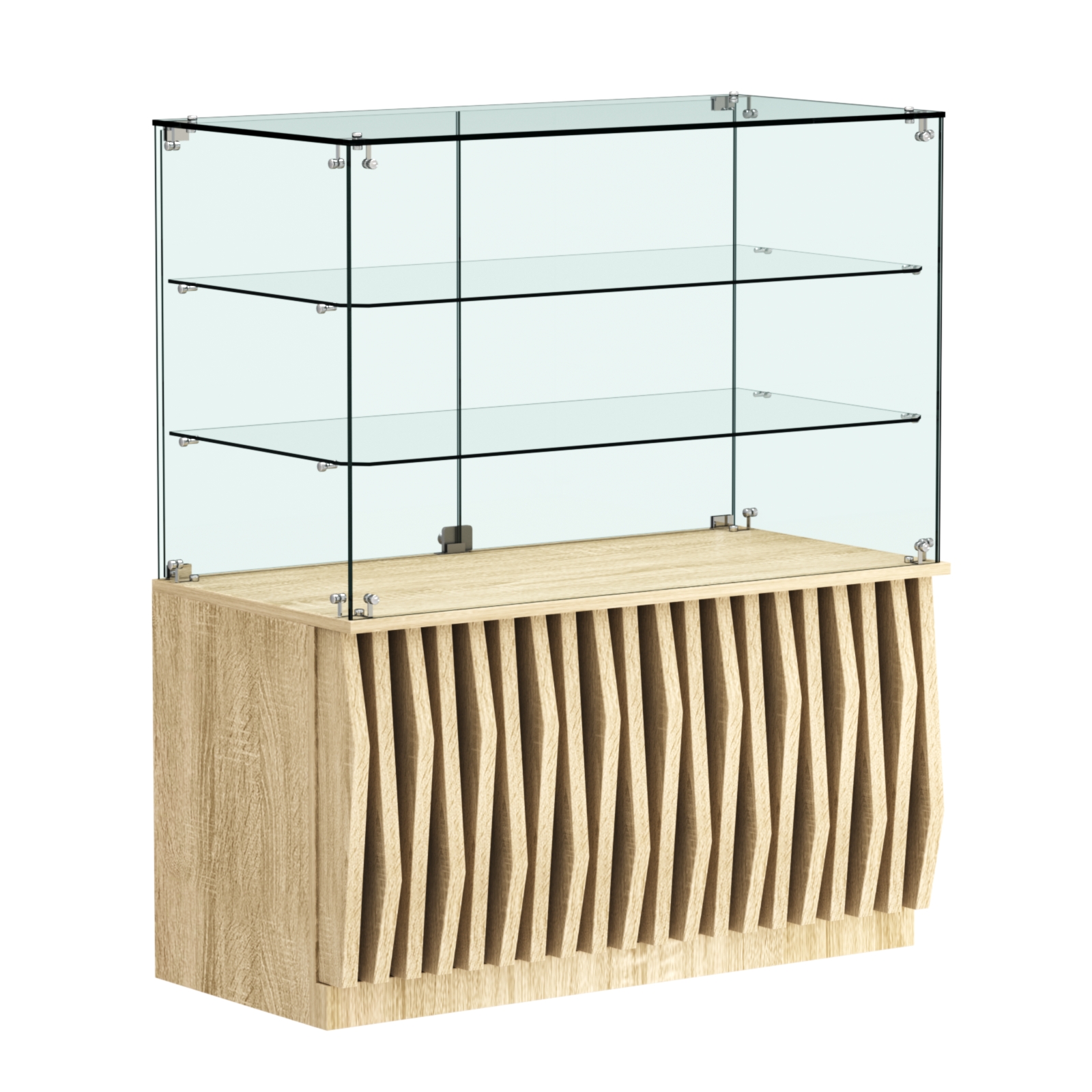 Торговый прилавок прямоугольный с планками и двумя стеклянными полками серии ОРНАМЕНТ №32 Дуб сонома
