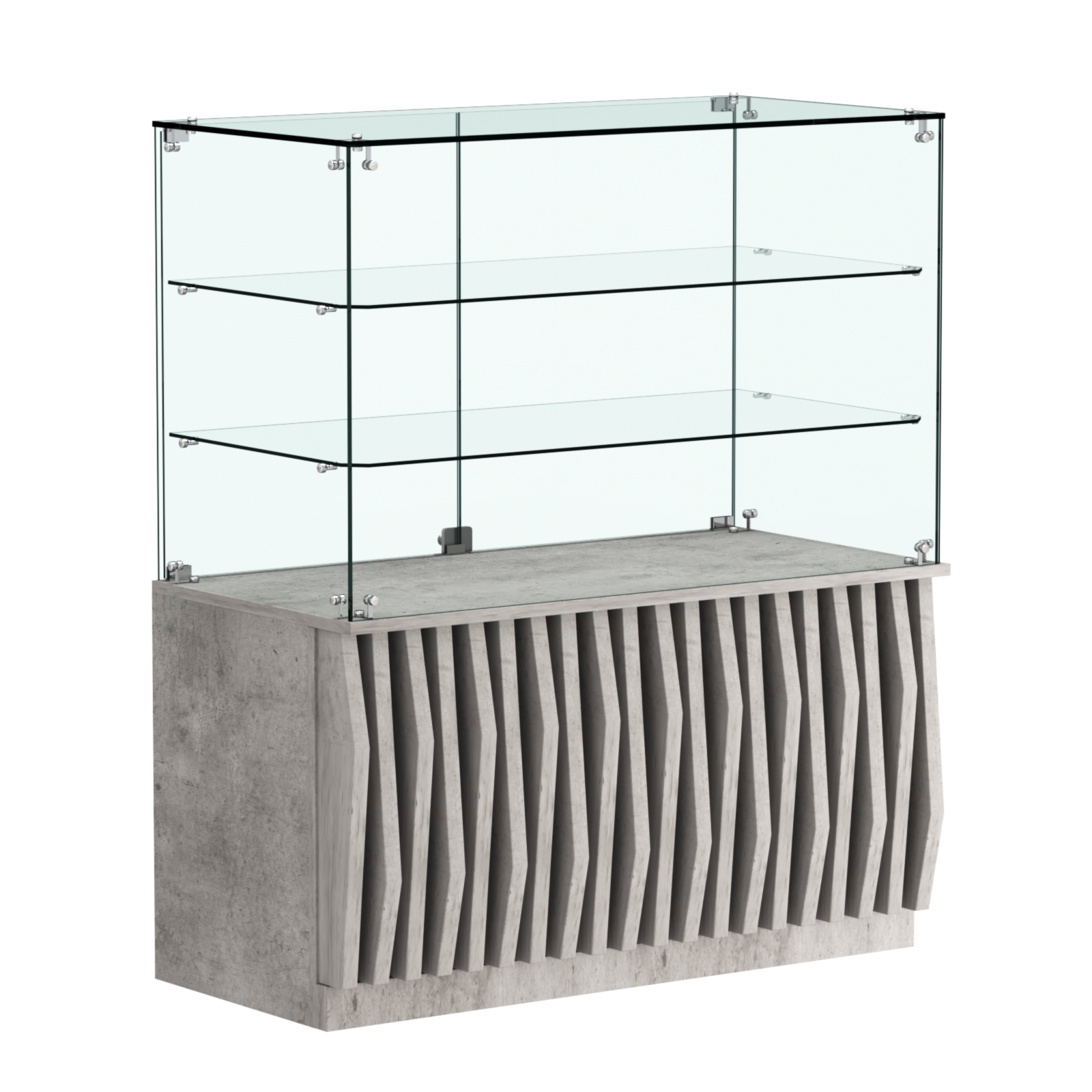 Торговый прилавок прямоугольный с планками и двумя стеклянными полками серии ОРНАМЕНТ №32 Бетон Чикаго светло-серый F186 ST9