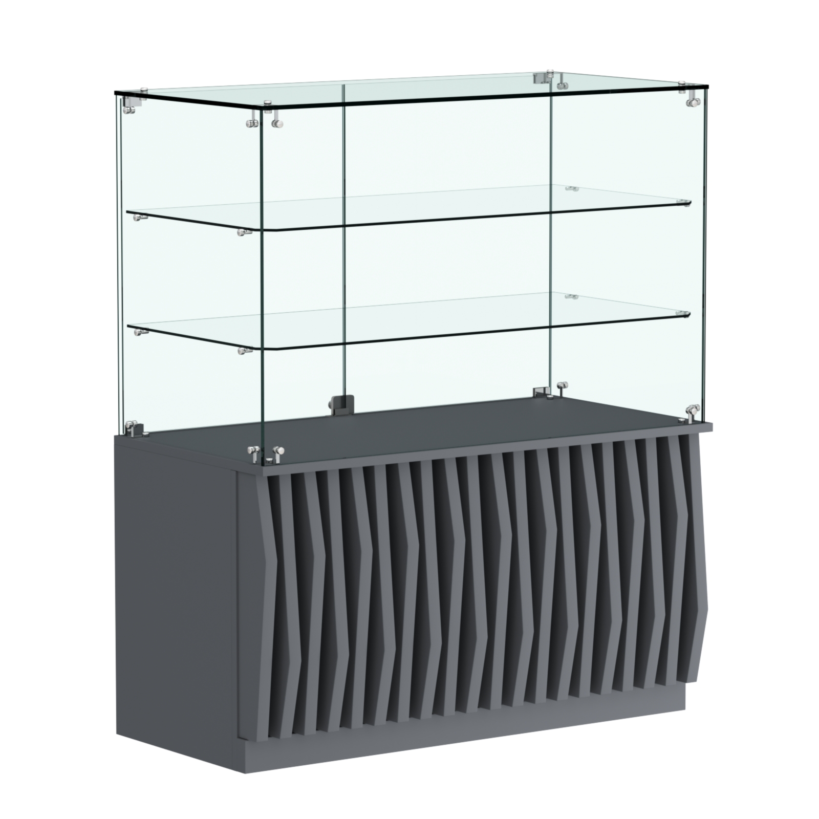 Торговый прилавок прямоугольный с планками и двумя стеклянными полками серии ОРНАМЕНТ №32 Темно-Серый