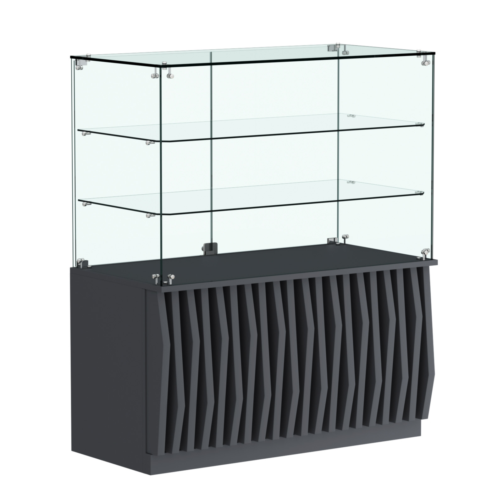 Торговый прилавок прямоугольный с планками и двумя стеклянными полками серии ОРНАМЕНТ №32 Антрацит