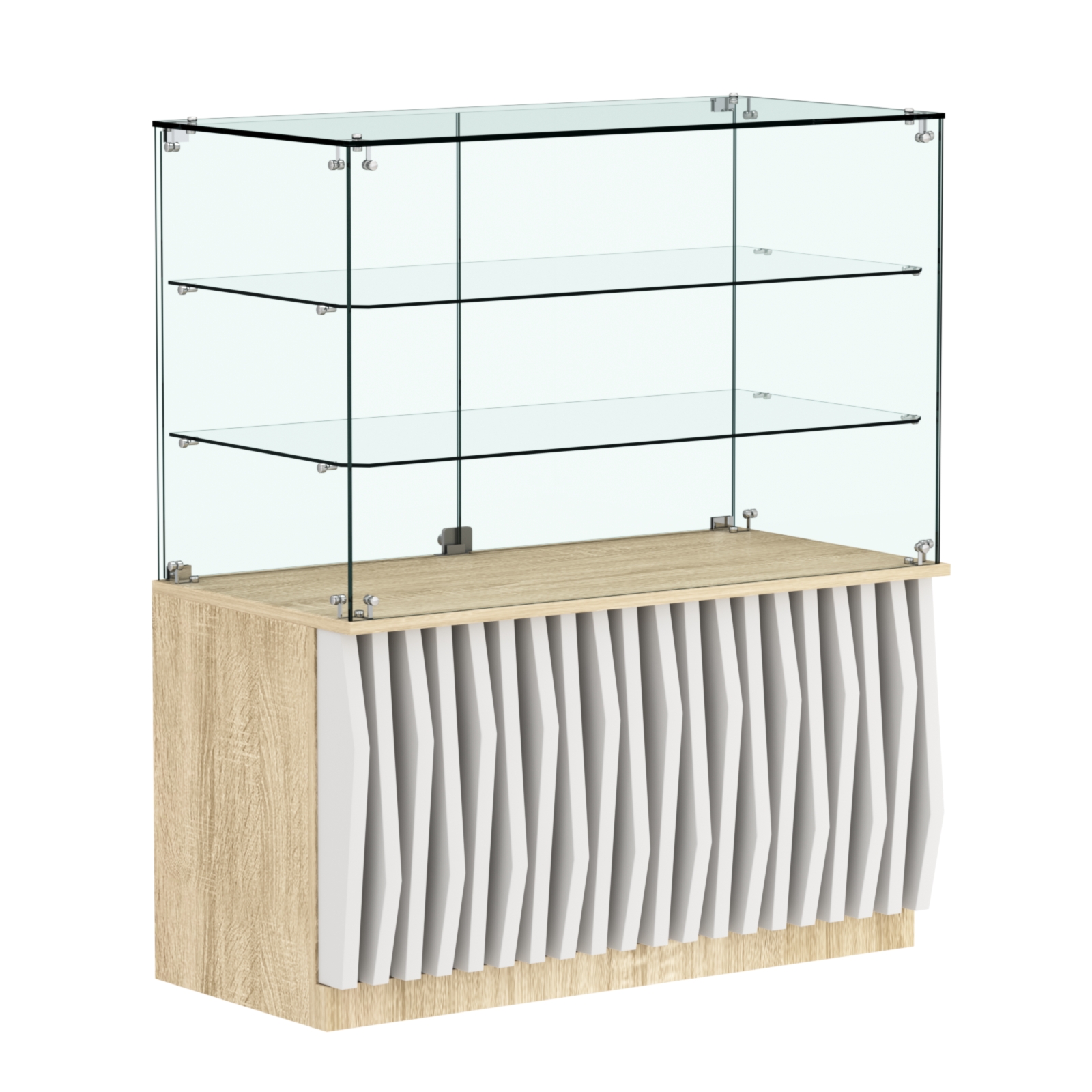 Торговый прилавок прямоугольный с планками и двумя стеклянными полками серии ОРНАМЕНТ №32 Дуб Сонома + Белый