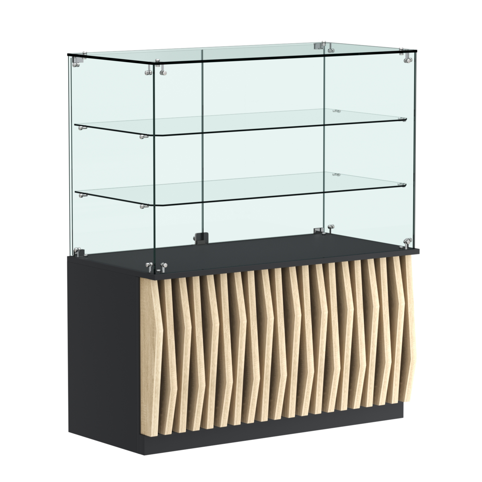 Торговый прилавок прямоугольный с планками и двумя стеклянными полками серии ОРНАМЕНТ №32 Черный + Дуб Сонома
