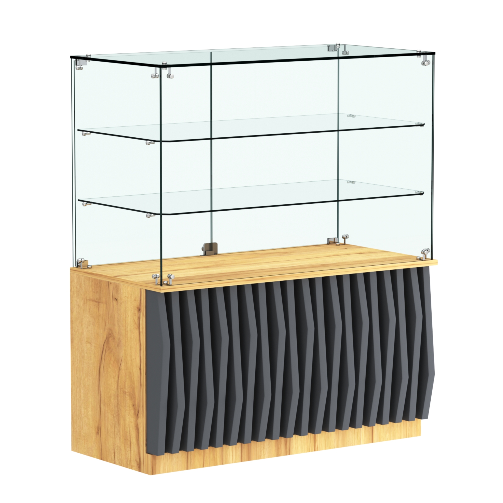 Торговый прилавок прямоугольный с планками и двумя стеклянными полками серии ОРНАМЕНТ №32 Дуб Золотистый и Темно-Серый