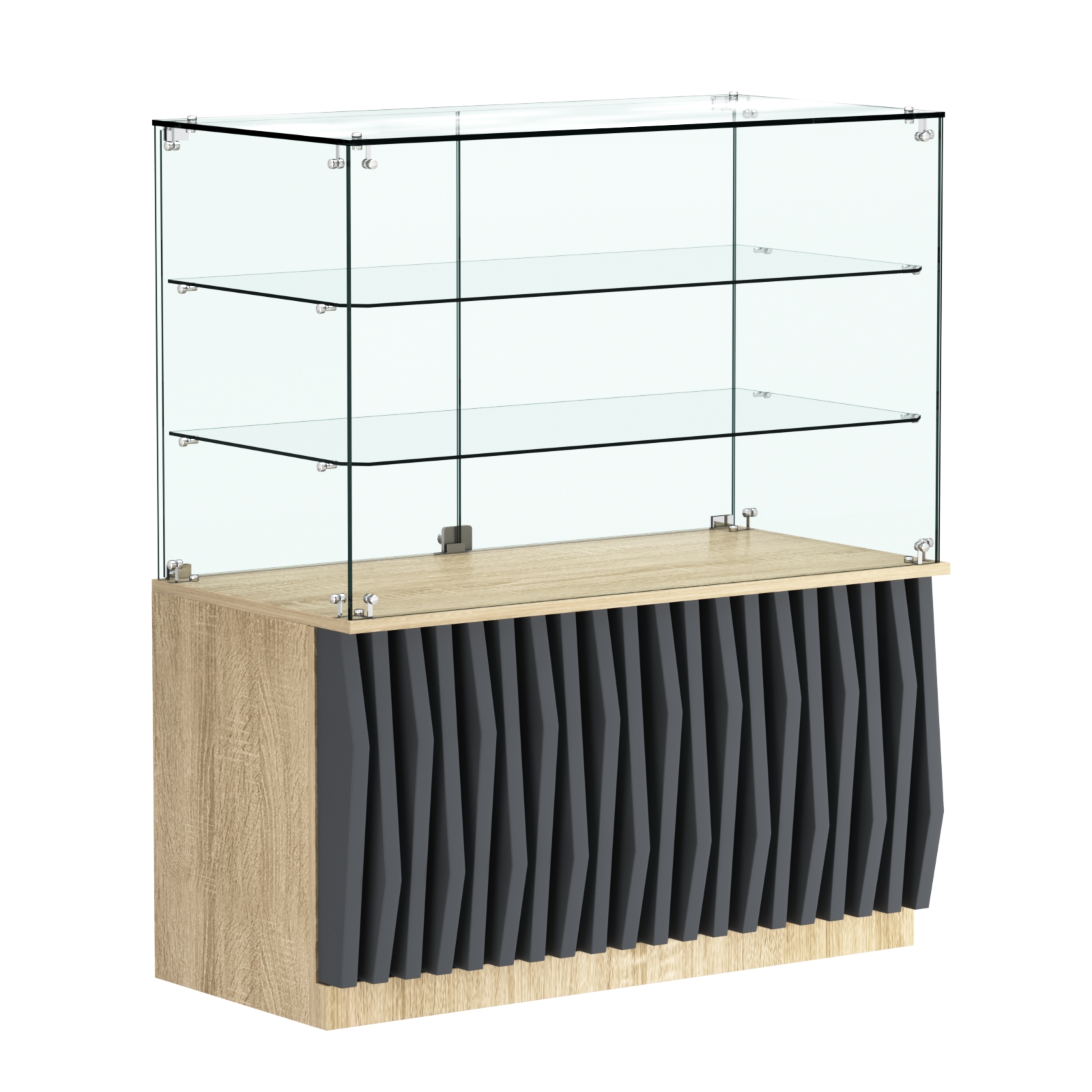 Торговый прилавок прямоугольный с планками и двумя стеклянными полками серии ОРНАМЕНТ №32 Дуб Сонома и Темно-Серый 5-U2601