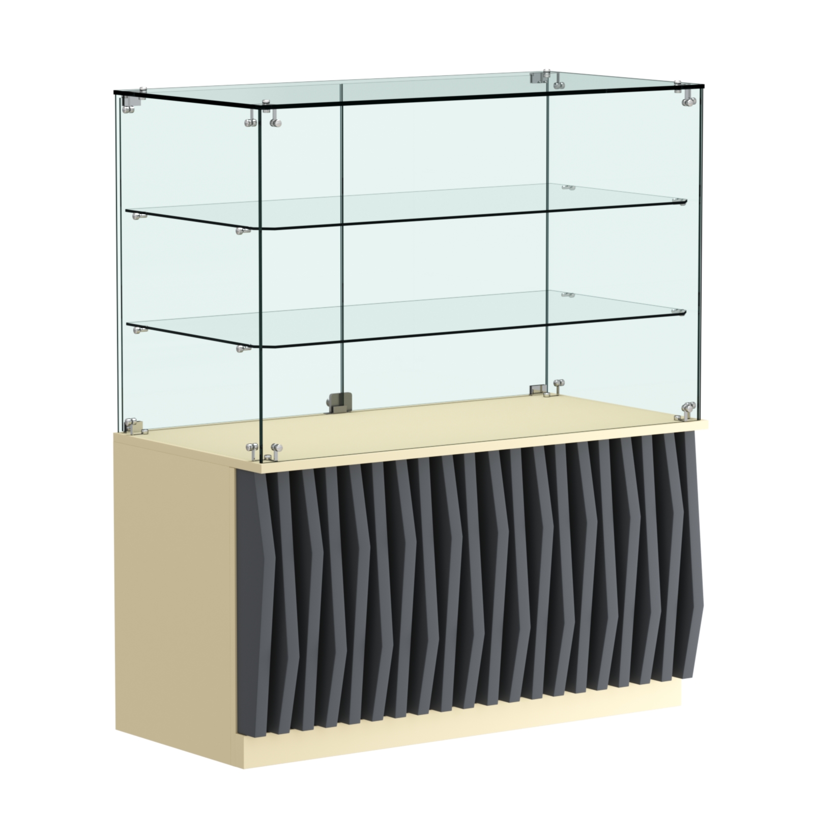 Торговый прилавок прямоугольный с планками и двумя стеклянными полками серии ОРНАМЕНТ №32 Крем Вайс и Темно Серый U2236-U2601