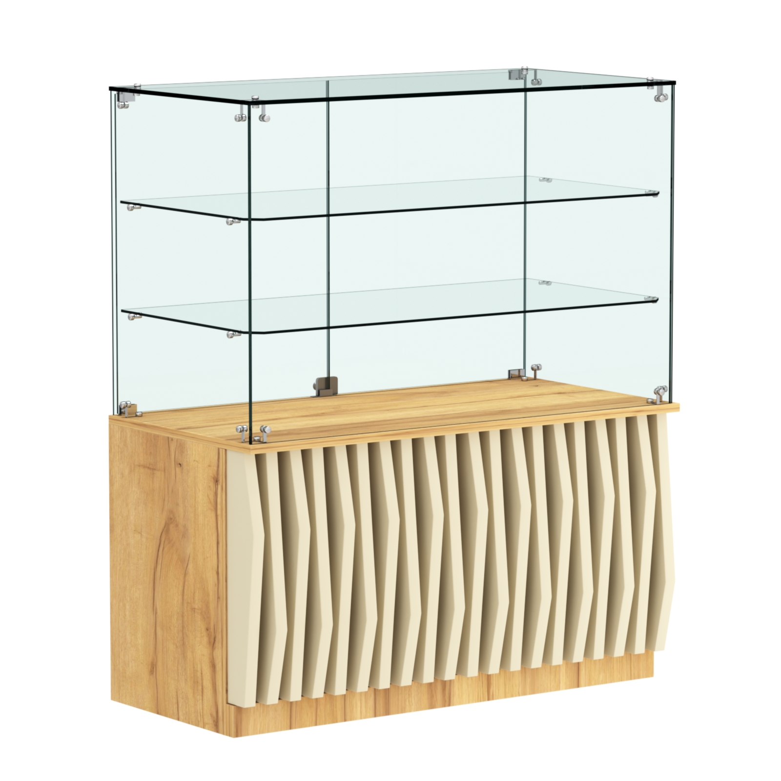 Торговый прилавок прямоугольный с планками и двумя стеклянными полками серии ОРНАМЕНТ №32 Дуб Золотистый и Крем Вайс