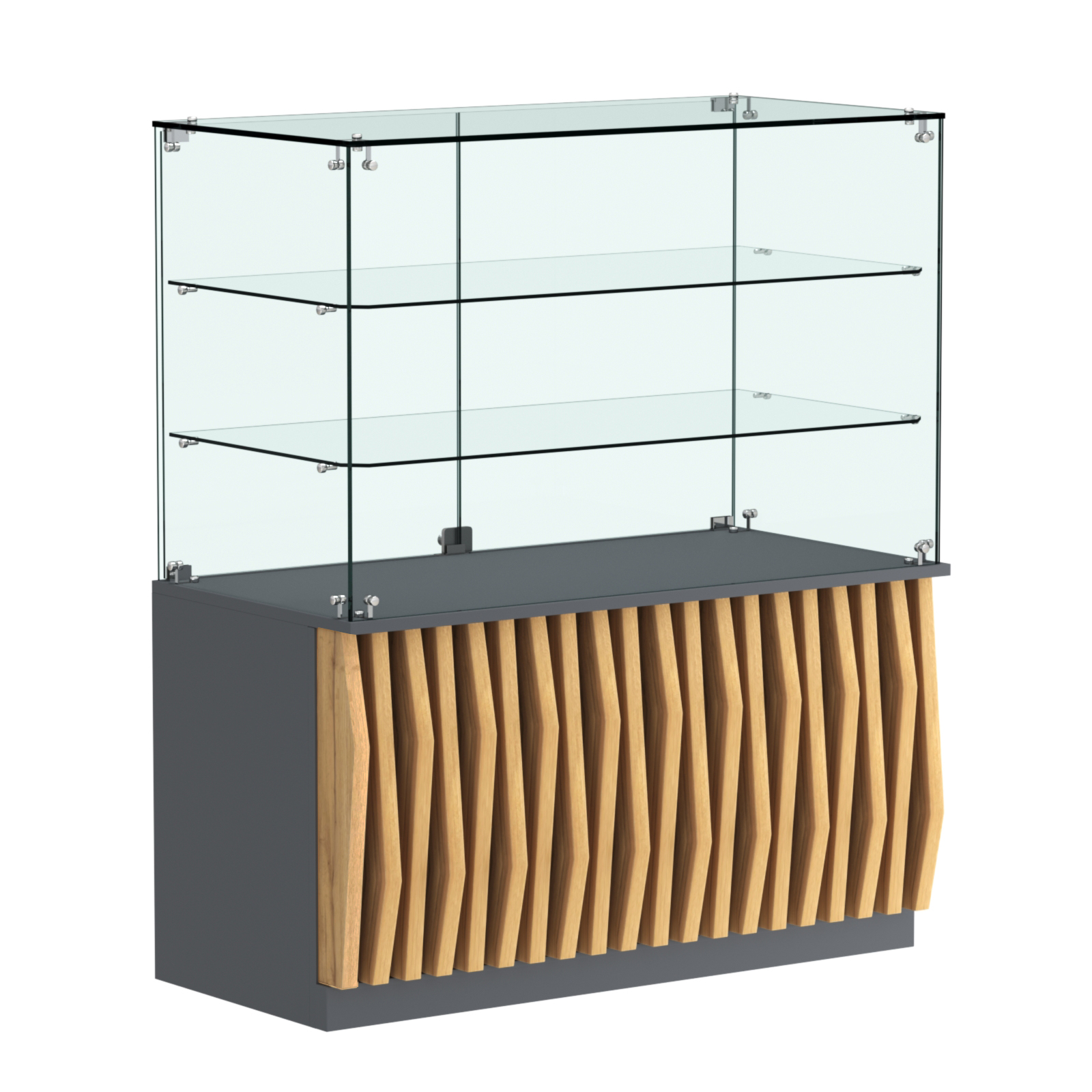 Торговый прилавок прямоугольный с планками и двумя стеклянными полками серии ОРНАМЕНТ №32 Темно-Серый  + Дуб Золотистый