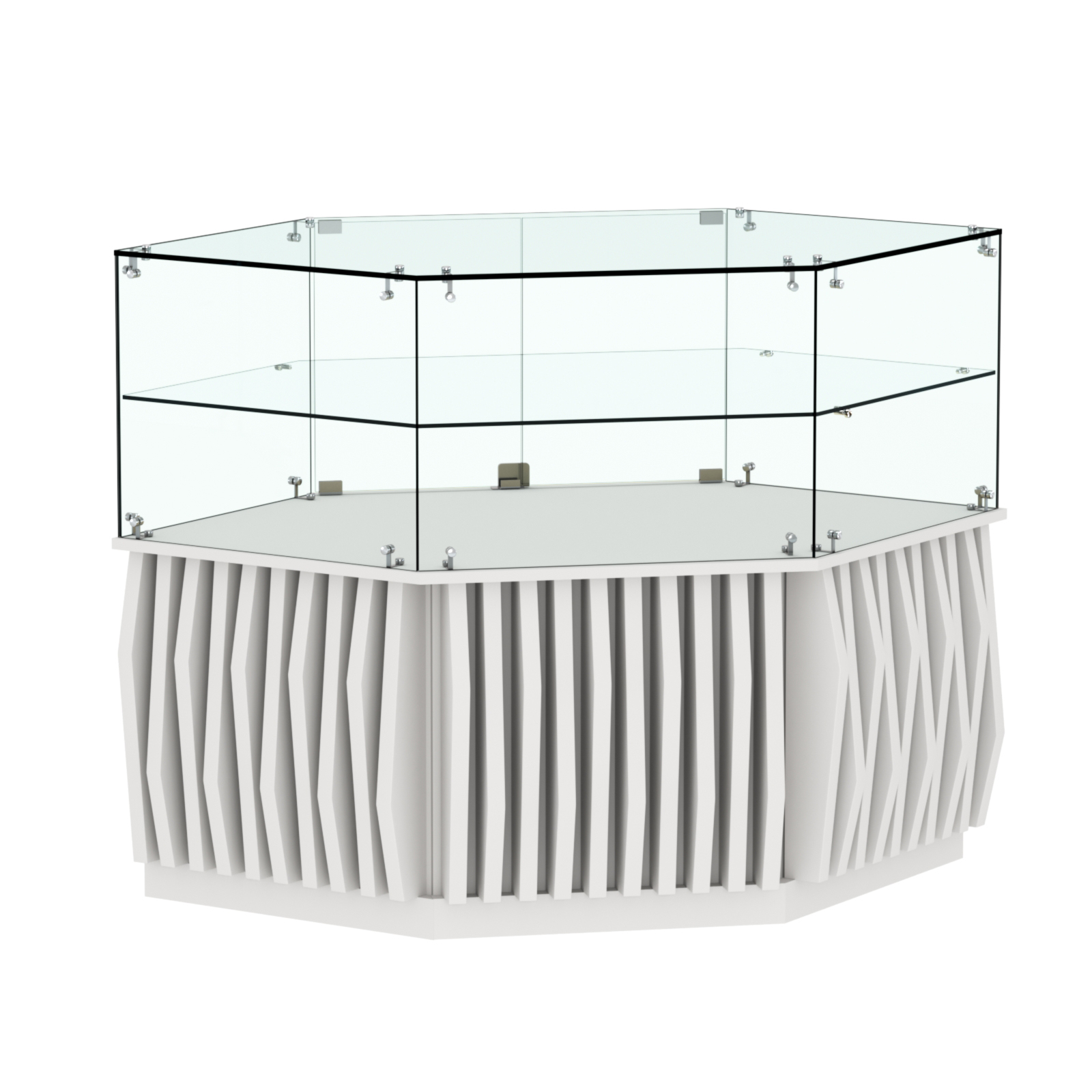 Торговый прилавок низкий шестигранный с планками и одной полкой серии ОРНАМЕНТ №36 Белый