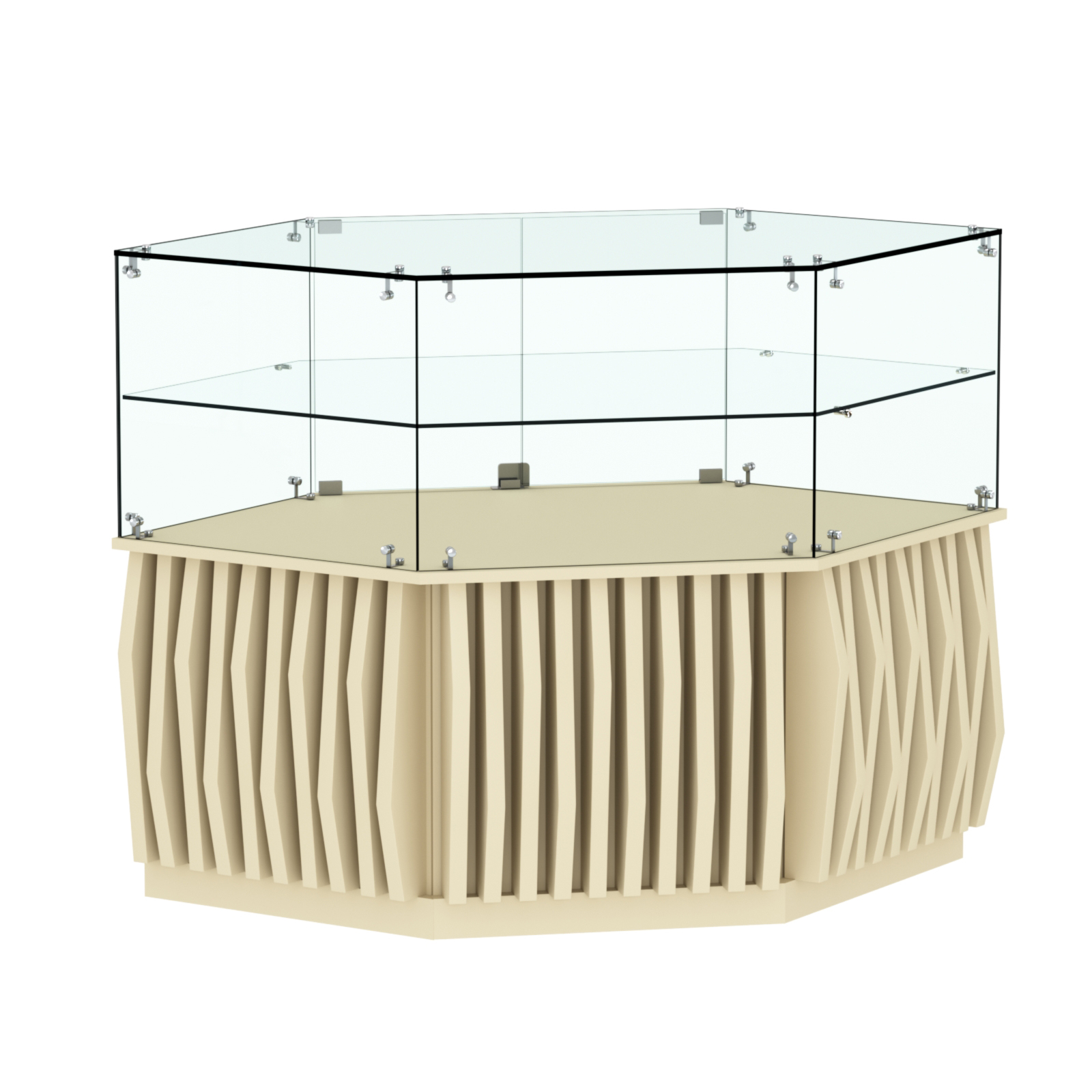 Торговый прилавок низкий шестигранный с планками и одной полкой серии ОРНАМЕНТ №36 Крем Вайс