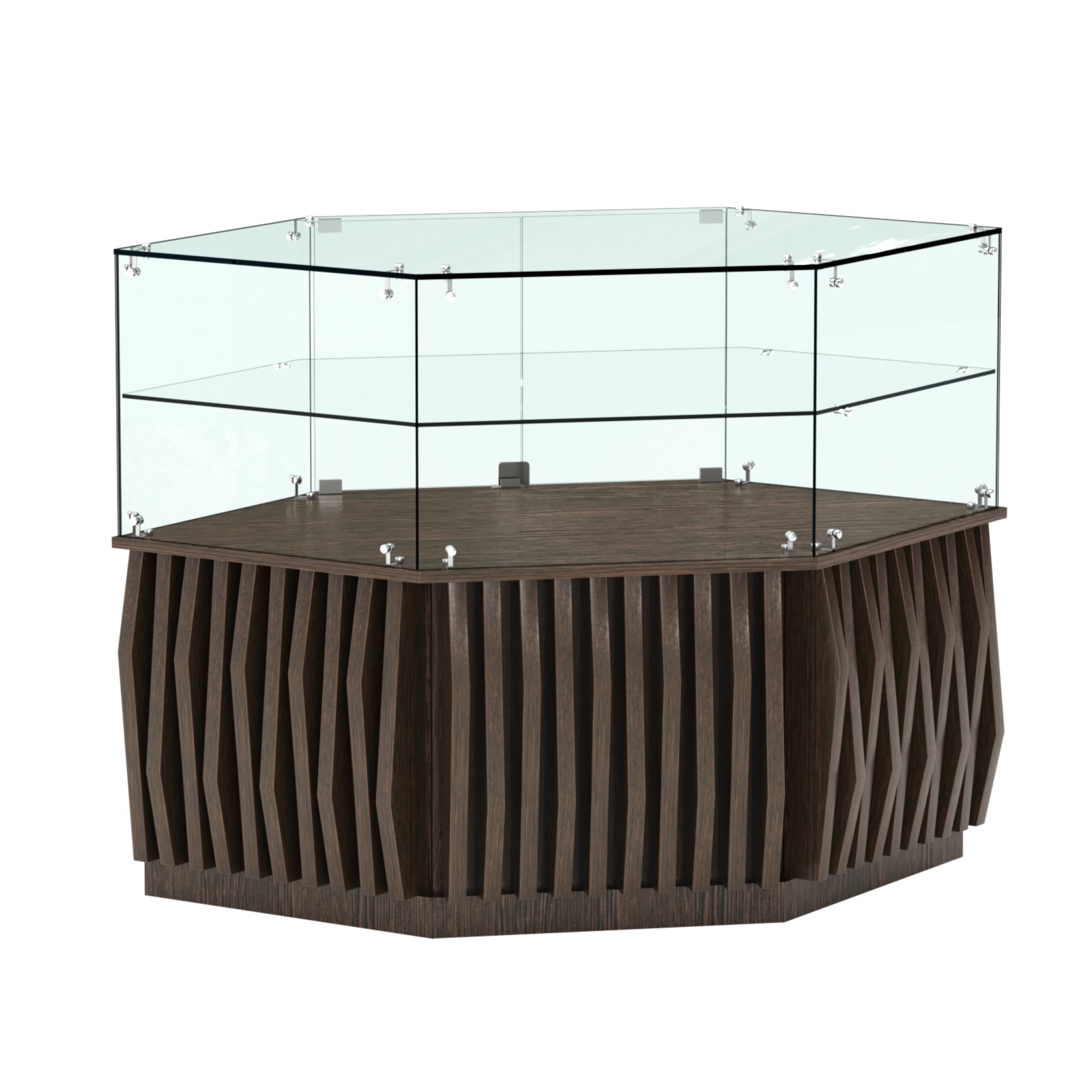 Торговый прилавок низкий шестигранный с планками и одной полкой серии ОРНАМЕНТ №36 Дуб Венге