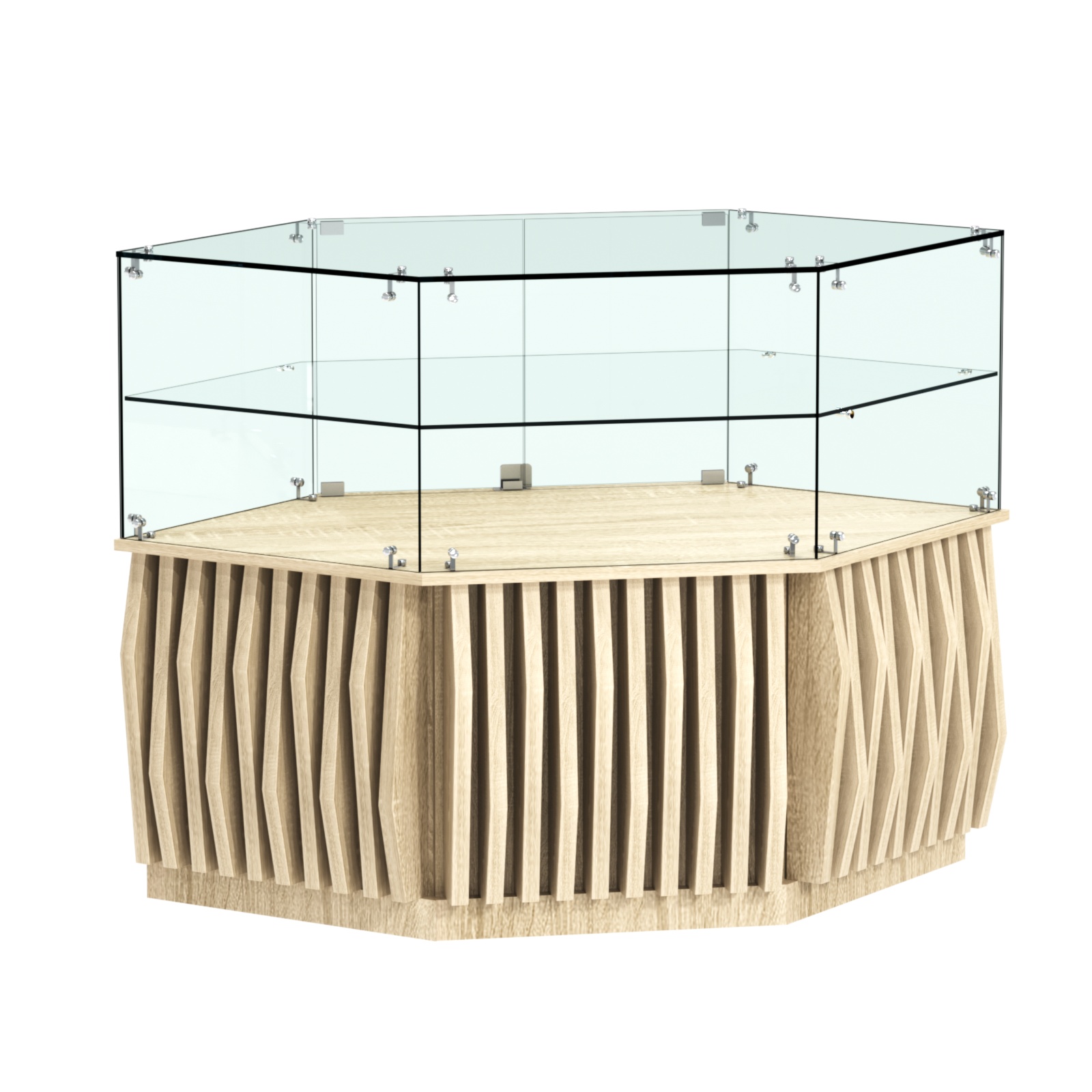 Торговый прилавок низкий шестигранный с планками и одной полкой серии ОРНАМЕНТ №36 Дуб сонома