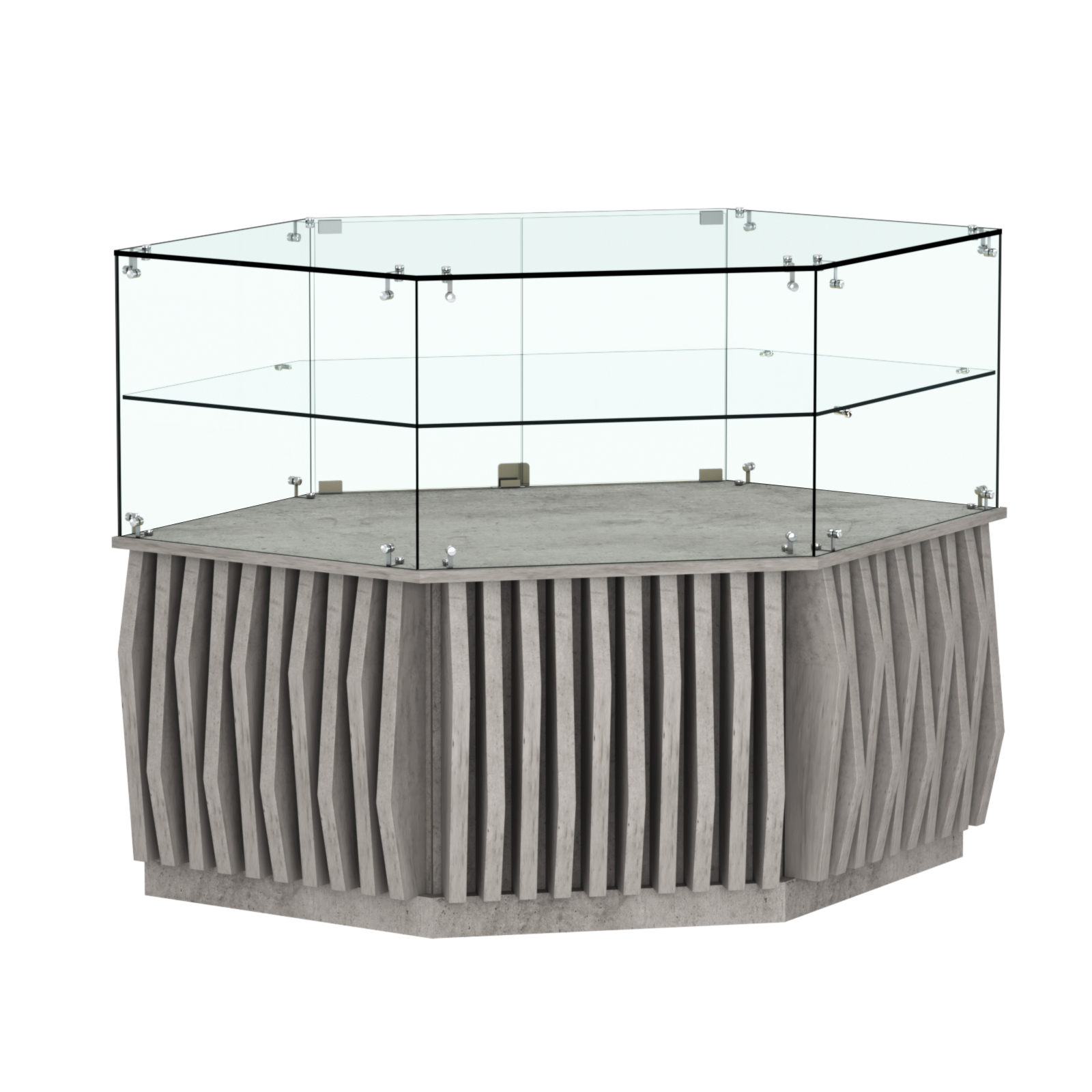 Торговый прилавок низкий шестигранный с планками и одной полкой серии ОРНАМЕНТ №36 Бетон Чикаго светло-серый F186 ST9