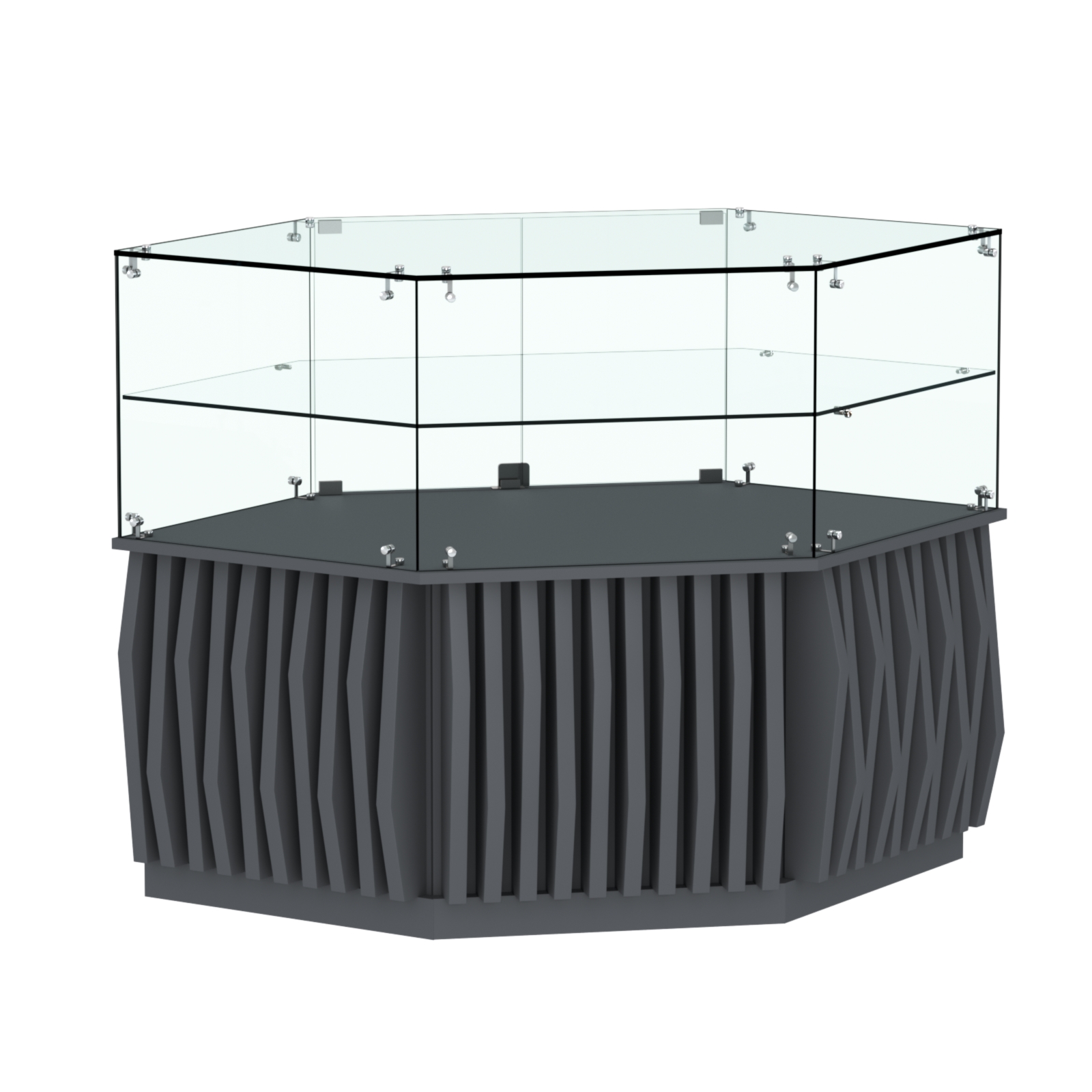 Торговый прилавок низкий шестигранный с планками и одной полкой серии ОРНАМЕНТ №36 Темно-Серый