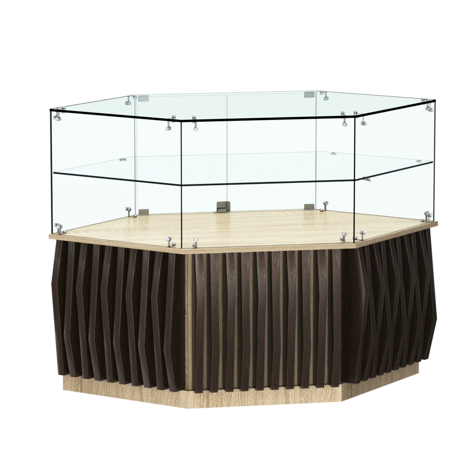 Торговый прилавок низкий шестигранный с планками и одной полкой серии ОРНАМЕНТ №36 Дуб Сонома + Дуб Венге