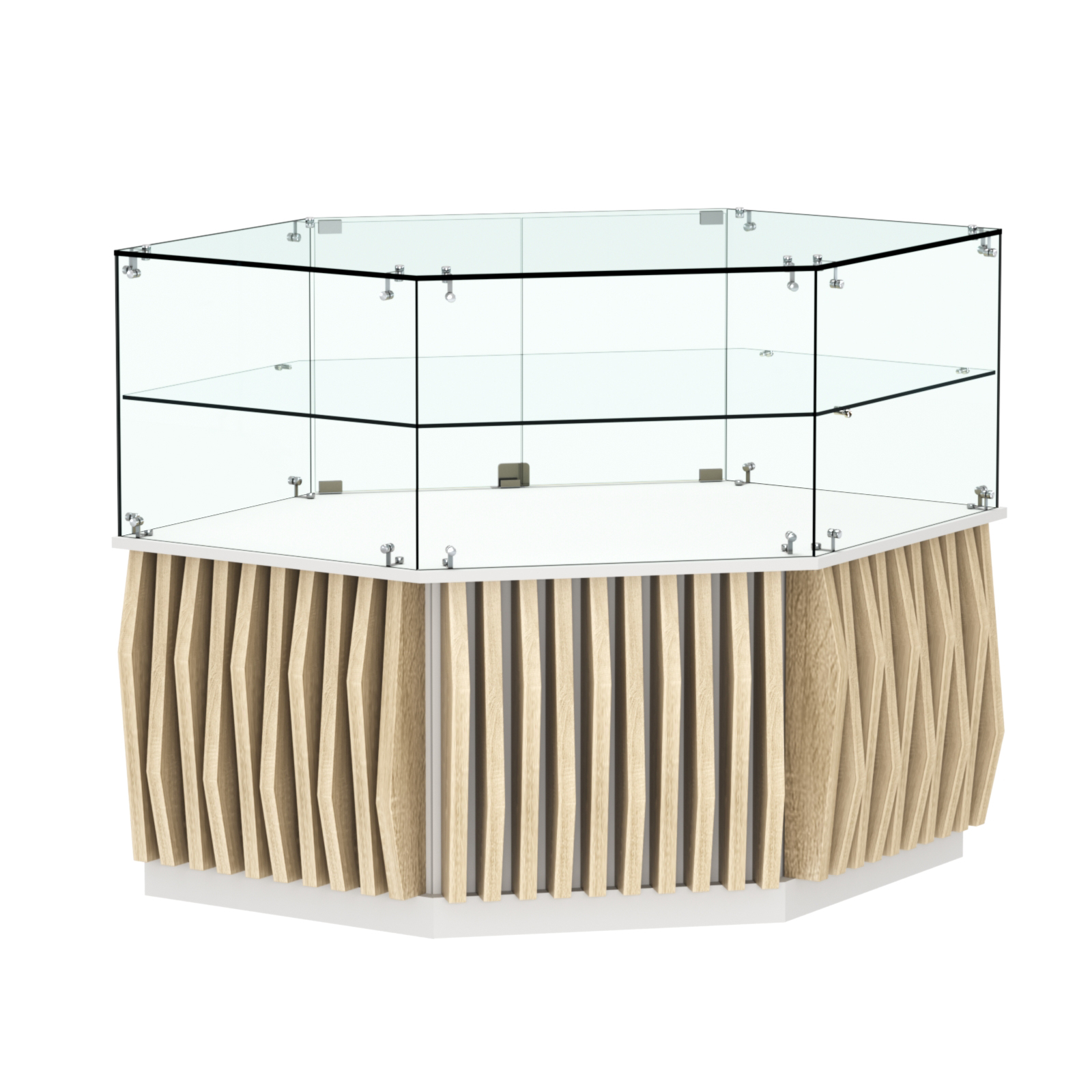 Торговый прилавок низкий шестигранный с планками и одной полкой серии ОРНАМЕНТ №36 Белый + Дуб Сонома