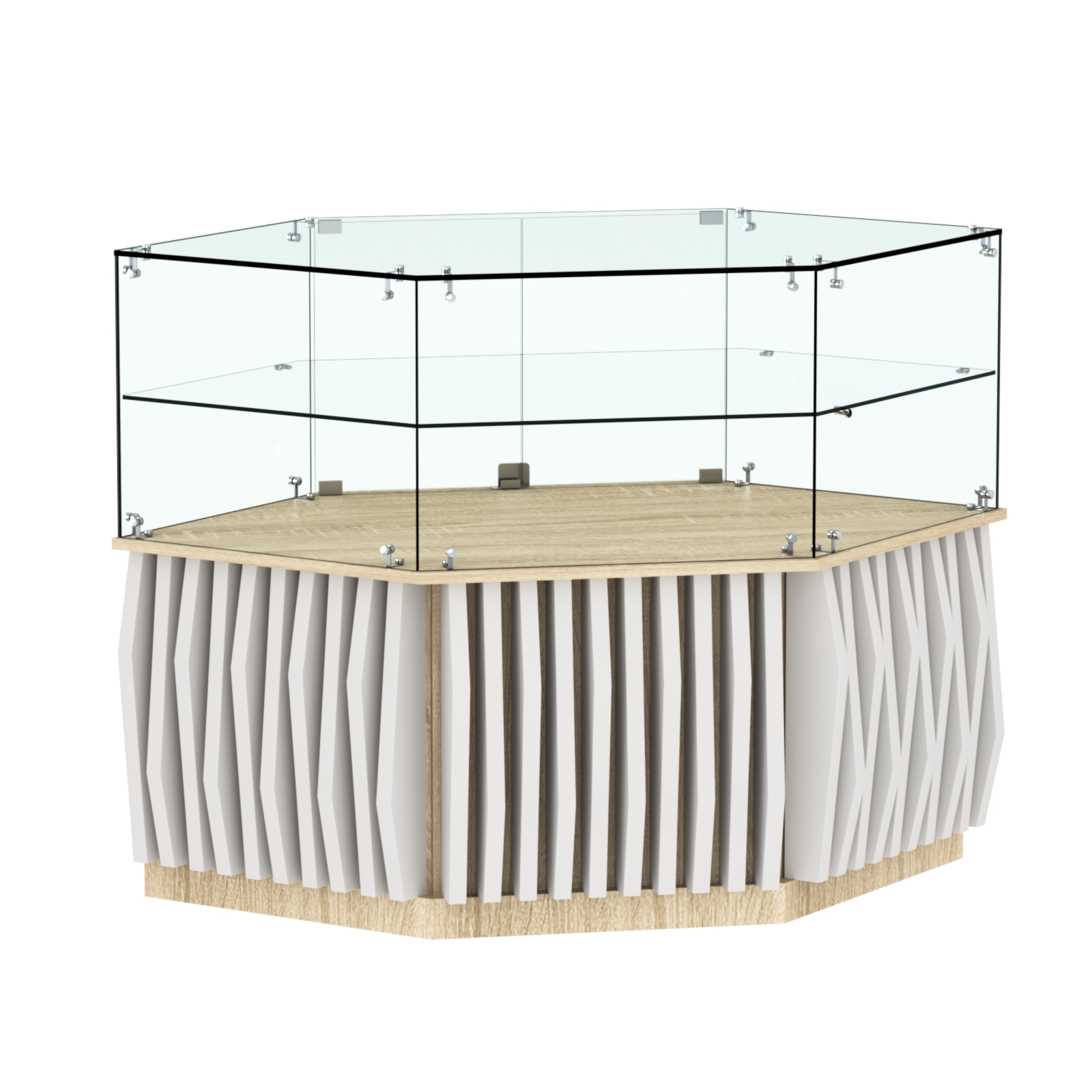 Торговый прилавок низкий шестигранный с планками и одной полкой серии ОРНАМЕНТ №36 Дуб Сонома + Белый