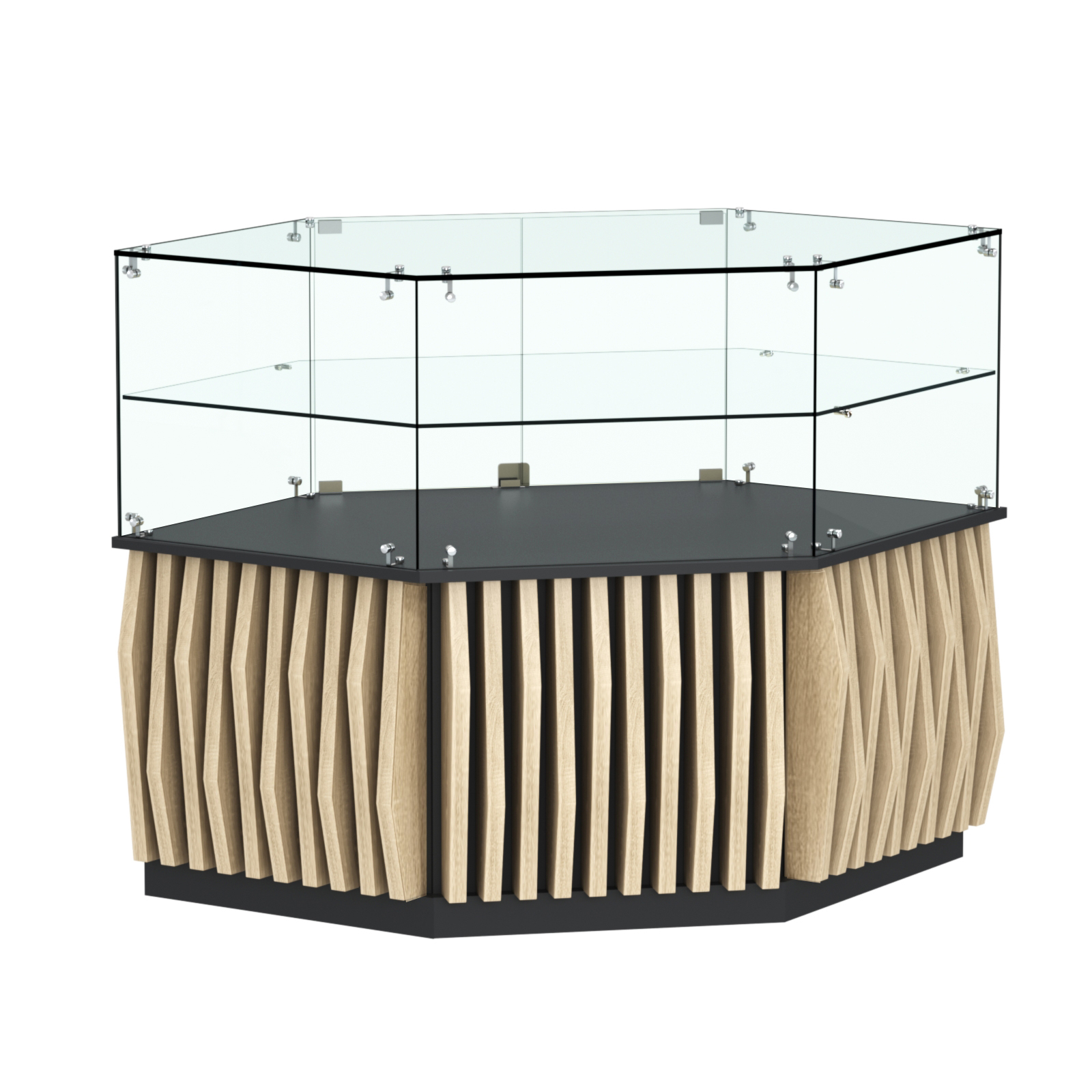 Торговый прилавок низкий шестигранный с планками и одной полкой серии ОРНАМЕНТ №36 Черный + Дуб Сонома