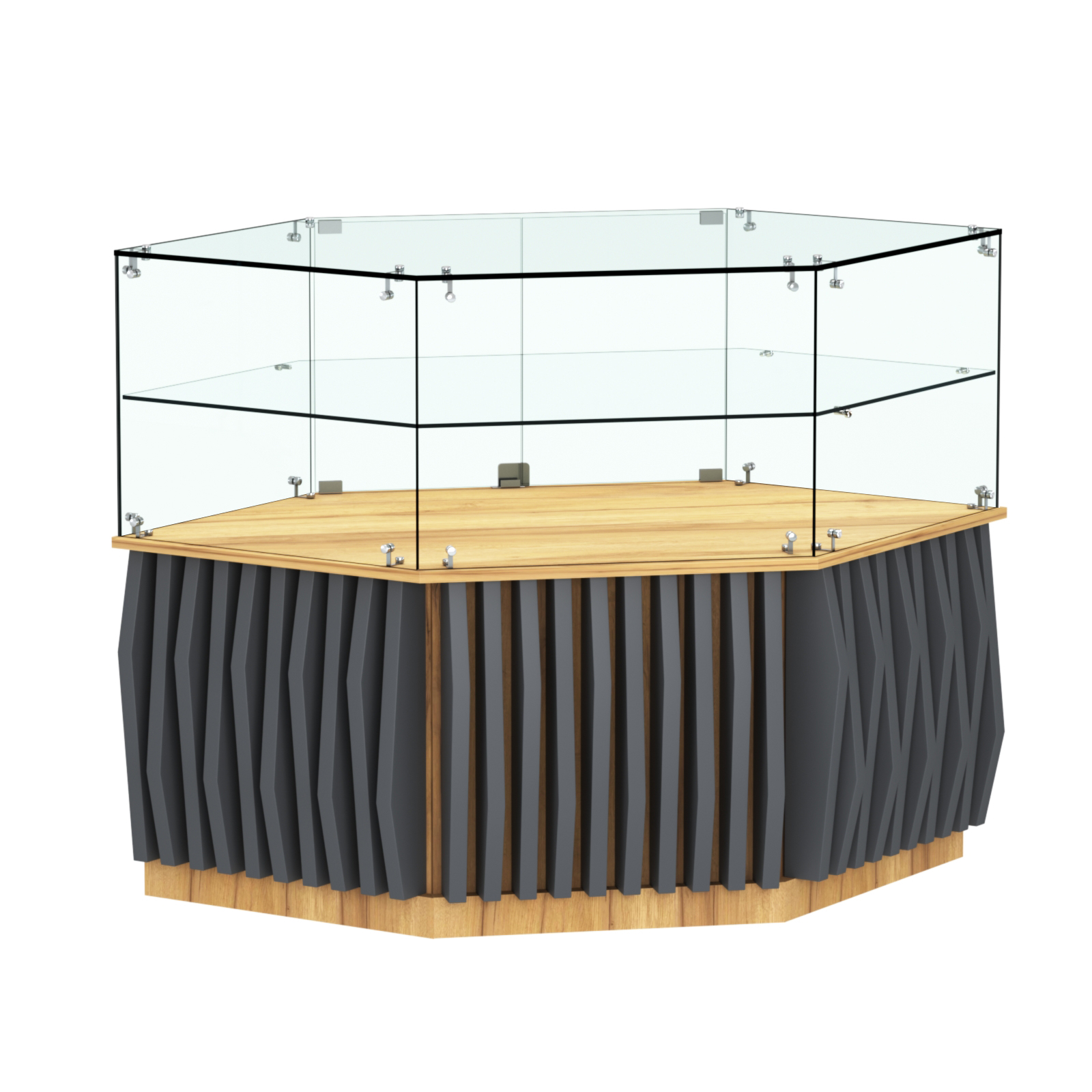 Торговый прилавок низкий шестигранный с планками и одной полкой серии ОРНАМЕНТ №36 Дуб Золотистый и Темно-Серый