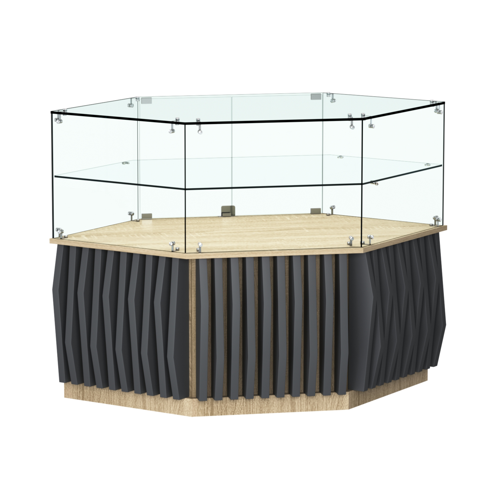 Торговый прилавок низкий шестигранный с планками и одной полкой серии ОРНАМЕНТ №36 Дуб Сонома и Темно-Серый 5-U2601