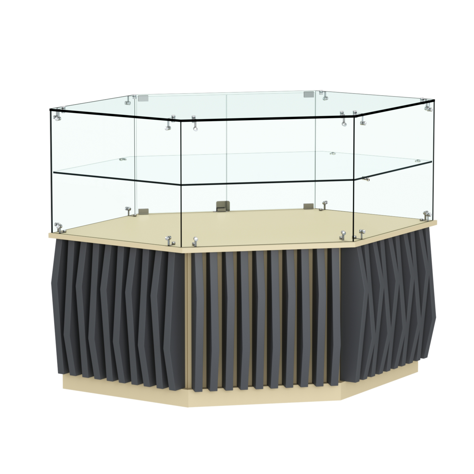 Торговый прилавок низкий шестигранный с планками и одной полкой серии ОРНАМЕНТ №36 Крем Вайс и Темно Серый U2236-U2601