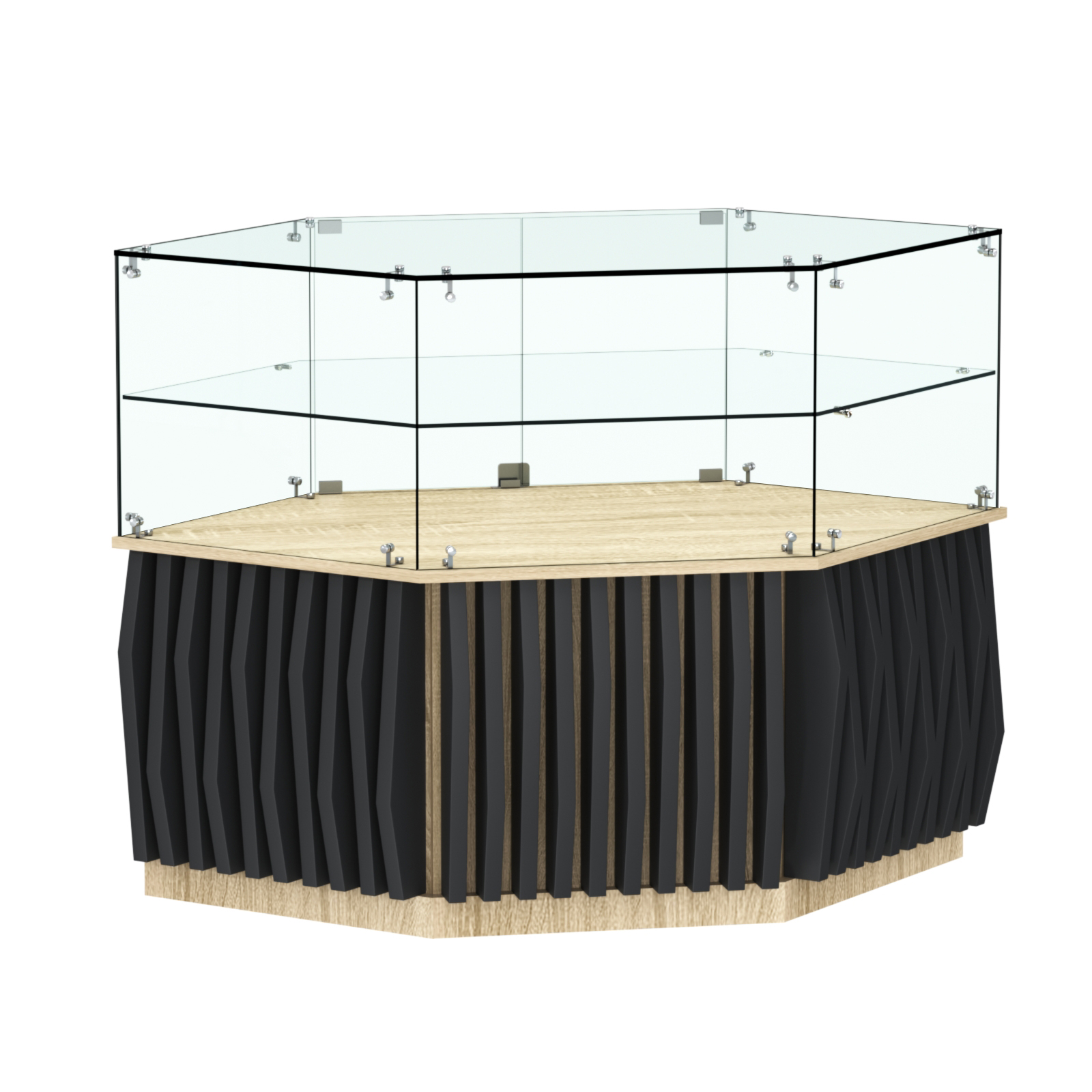 Торговый прилавок низкий шестигранный с планками и одной полкой серии ОРНАМЕНТ №36 Дуб сонома, Черный