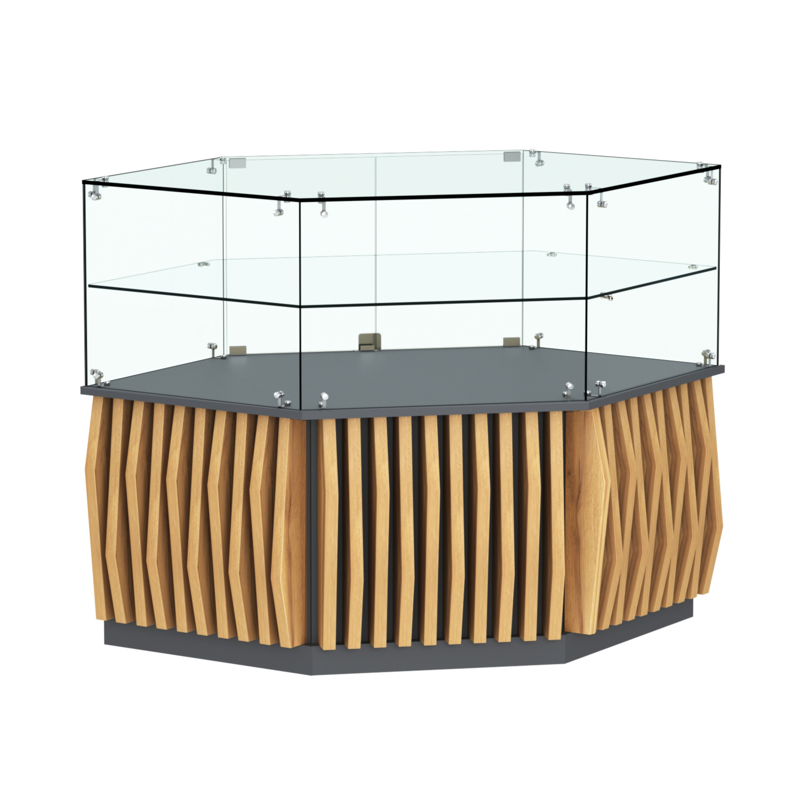 Торговый прилавок низкий шестигранный с планками и одной полкой серии ОРНАМЕНТ №36 Темно-Серый  + Дуб Золотистый