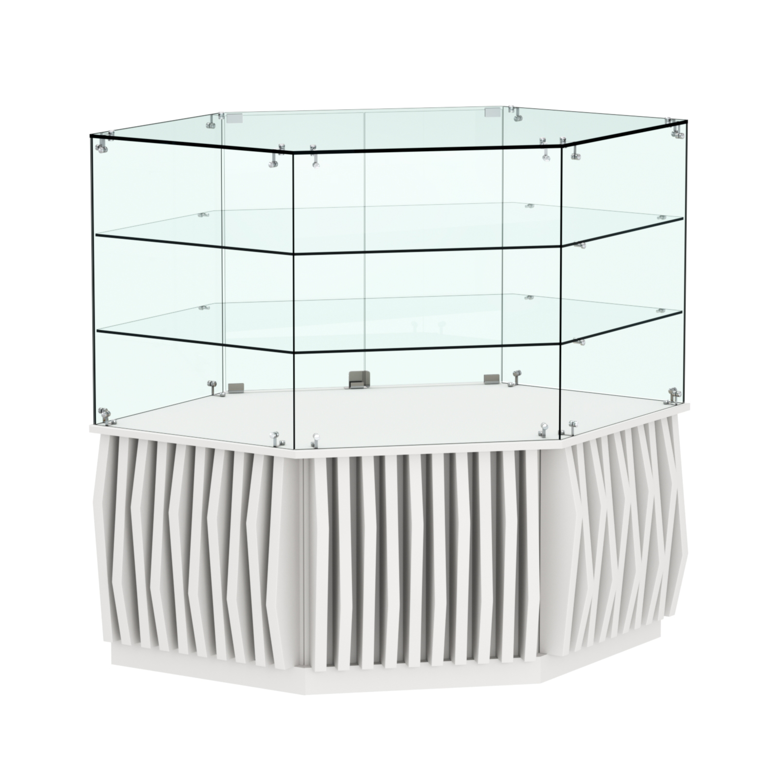 Торговый прилавок низкий шестигранный с планками и двумя полками серии ОРНАМЕНТ №37 Белый