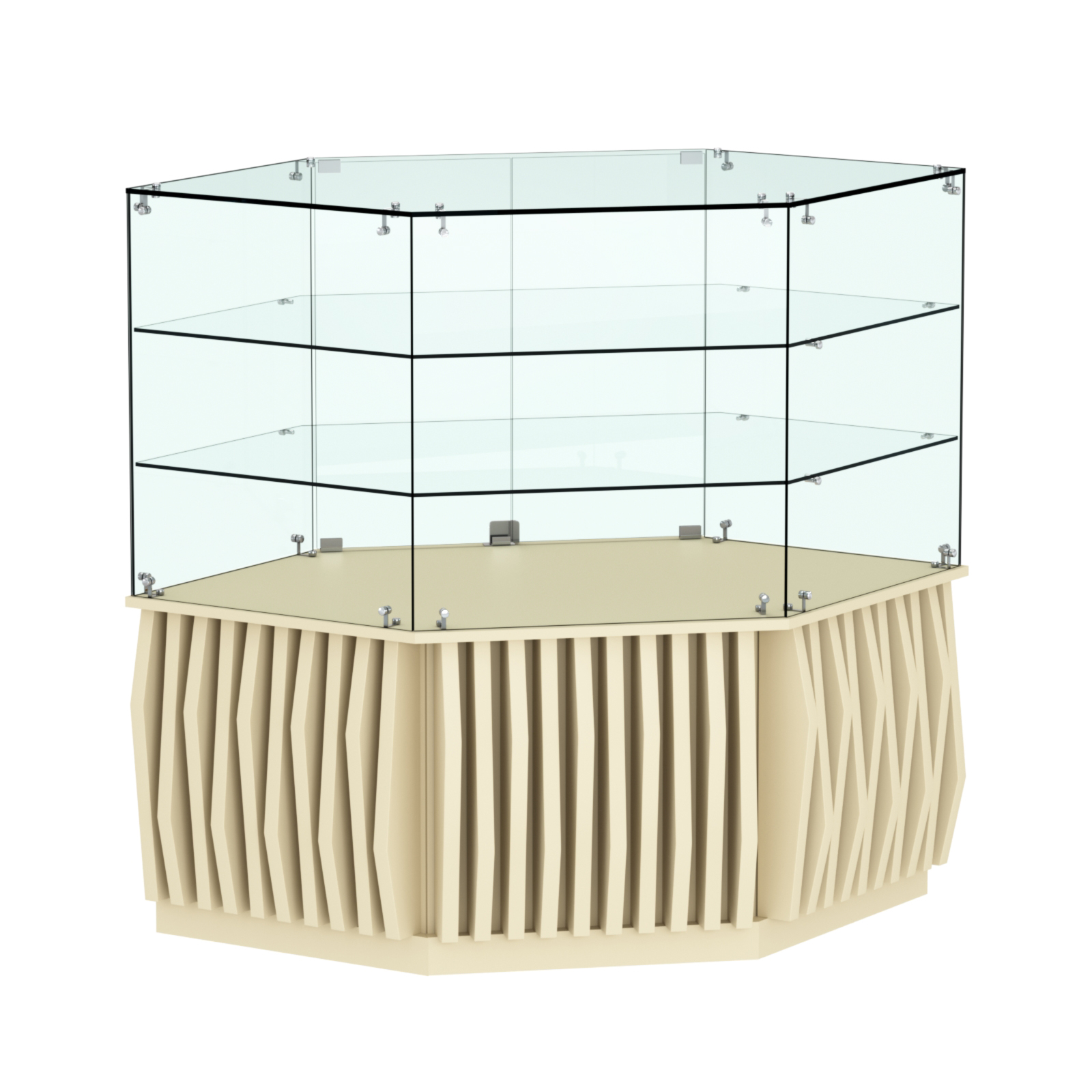 Торговый прилавок низкий шестигранный с планками и двумя полками серии ОРНАМЕНТ №37 Крем Вайс