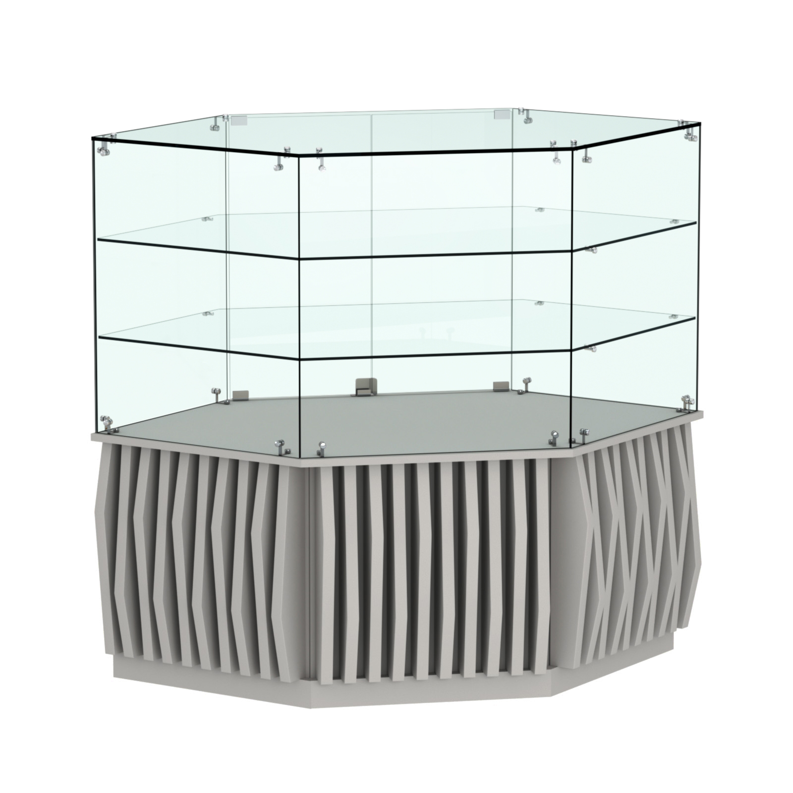 Торговый прилавок низкий шестигранный с планками и двумя полками серии ОРНАМЕНТ №37 Серый