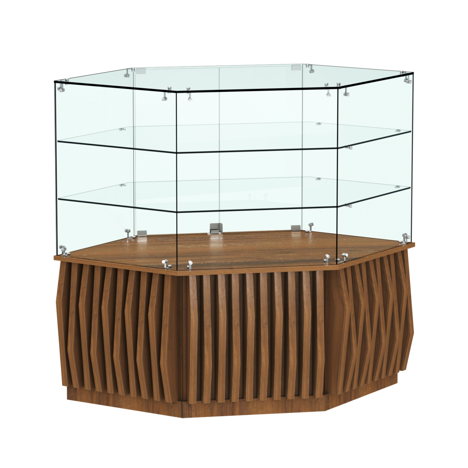 Торговый прилавок низкий шестигранный с планками и двумя полками серии ОРНАМЕНТ №37 Орех