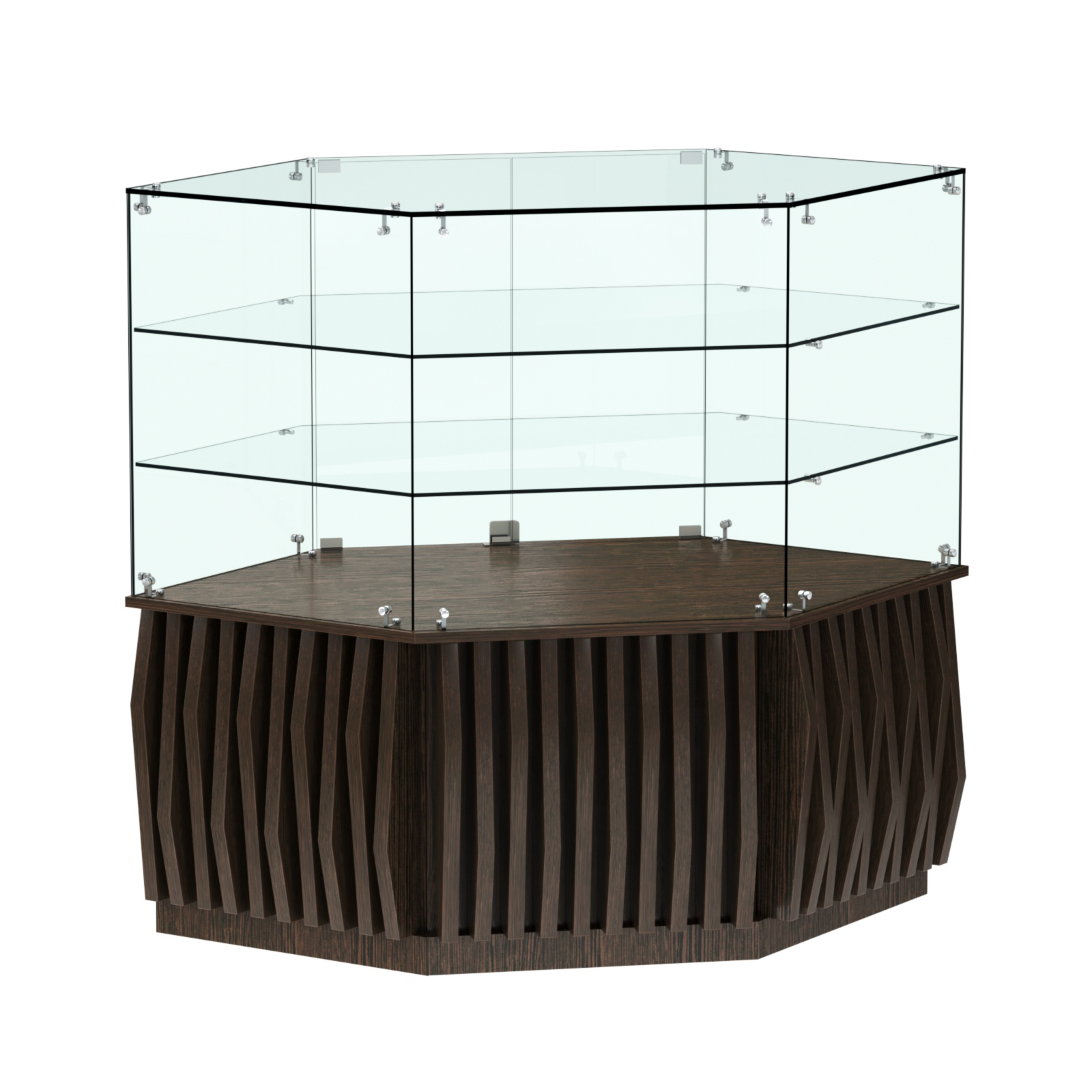 Торговый прилавок низкий шестигранный с планками и двумя полками серии ОРНАМЕНТ №37 Дуб Венге