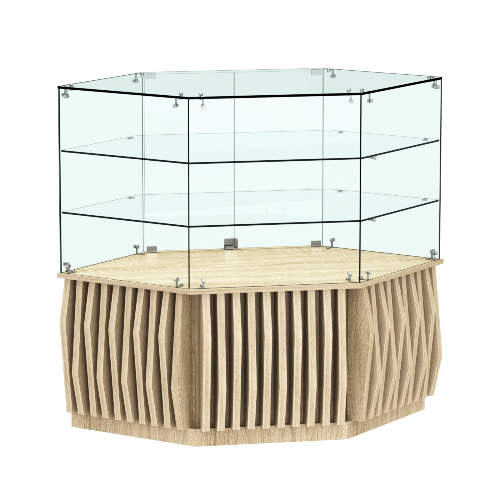 Торговый прилавок низкий шестигранный с планками и двумя полками серии ОРНАМЕНТ №37 Дуб сонома