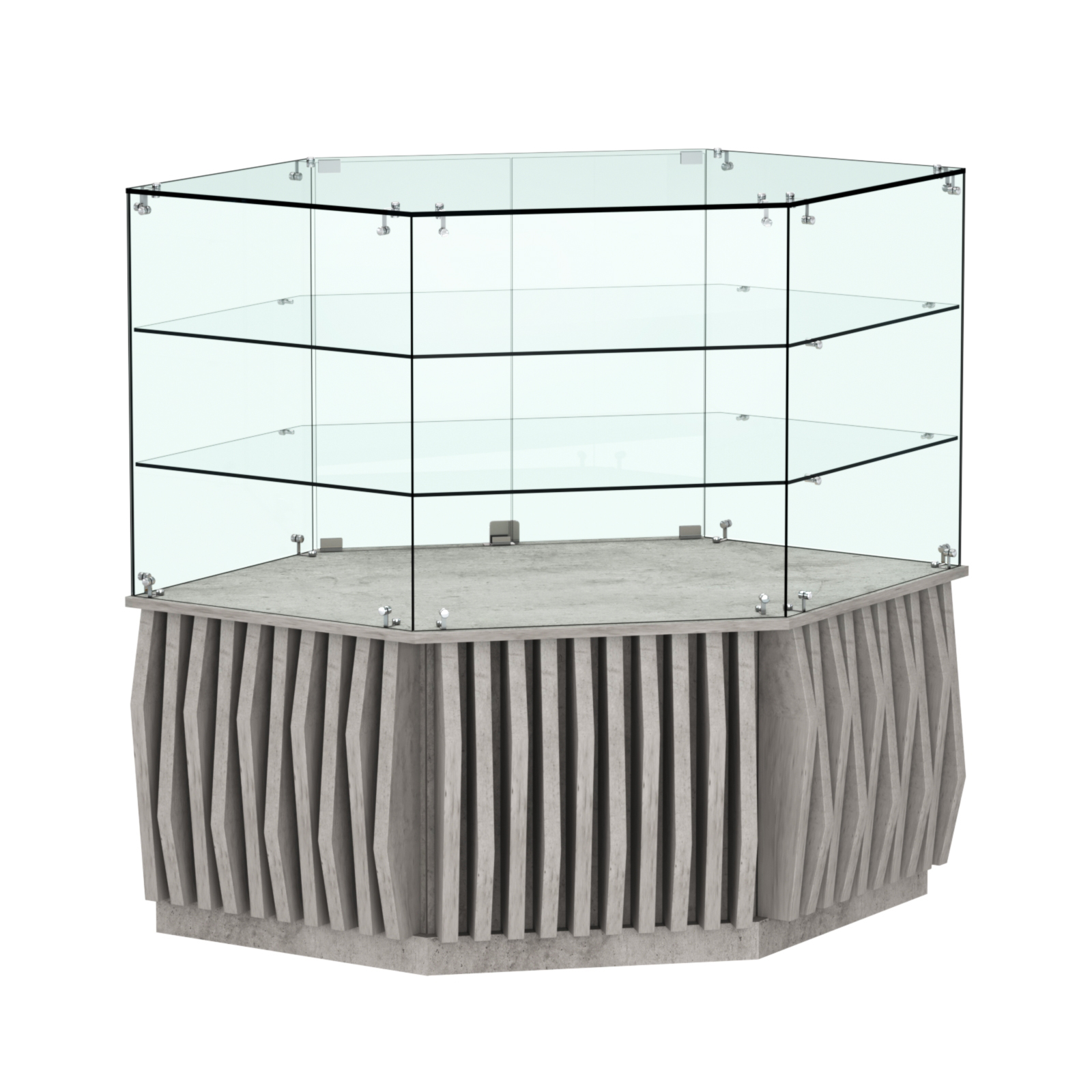 Торговый прилавок низкий шестигранный с планками и двумя полками серии ОРНАМЕНТ №37 Бетон Чикаго светло-серый F186 ST9