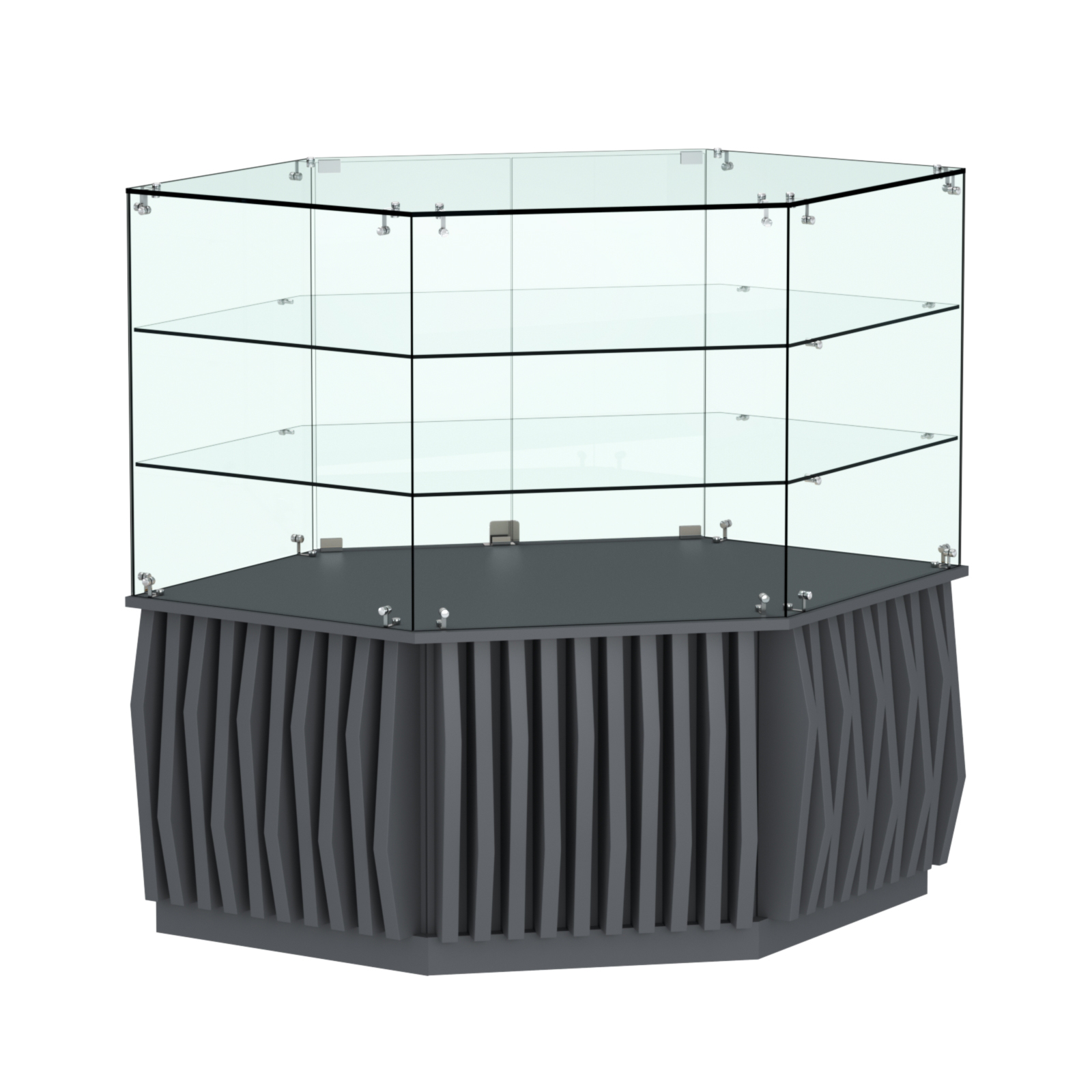 Торговый прилавок низкий шестигранный с планками и двумя полками серии ОРНАМЕНТ №37 Темно-Серый